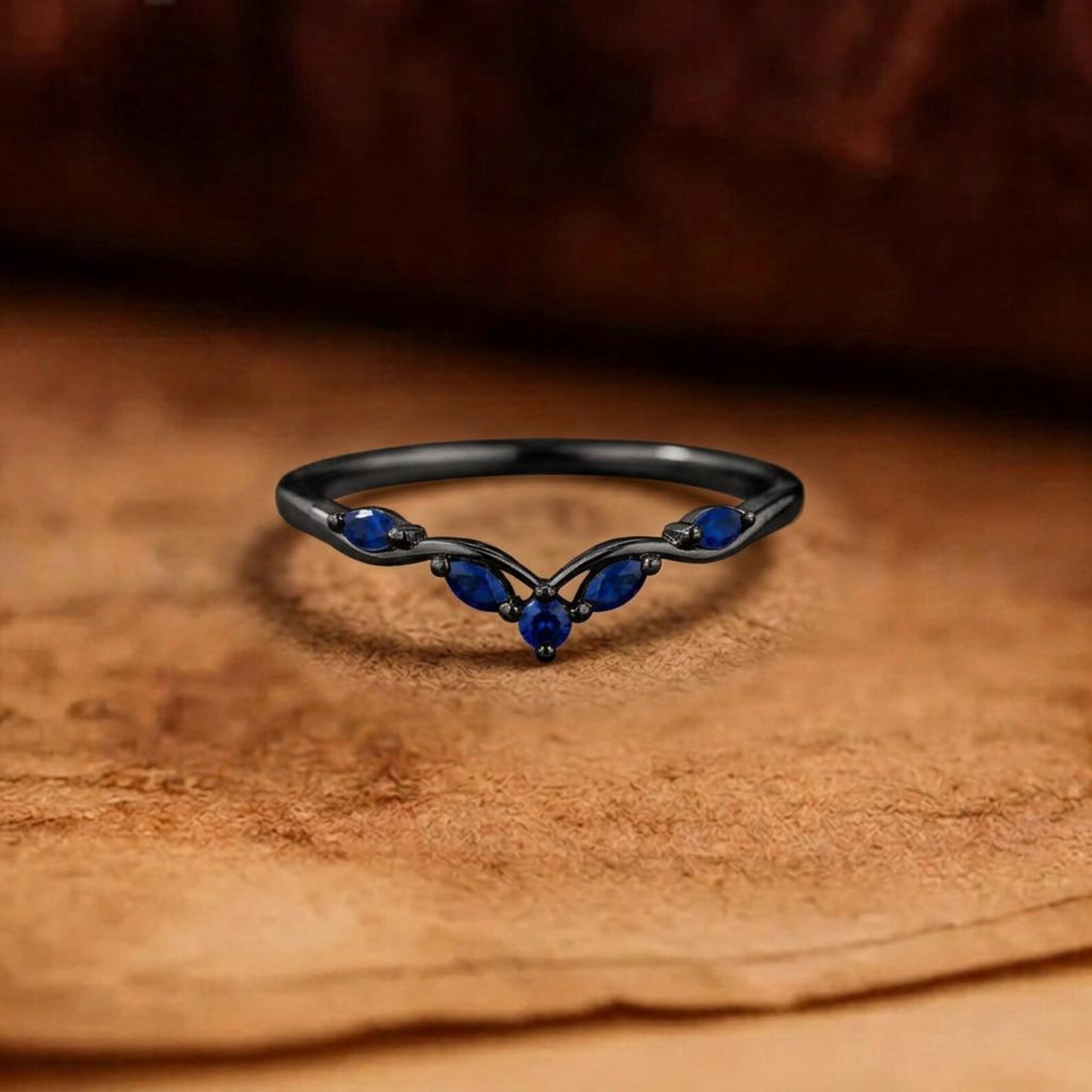 Blue Sapphire Curved Wedding Band, Marquise Sapphire Ring, Chevron Stacking Ring, Minimalist Gold Promise Ring for Women, Wedding Band