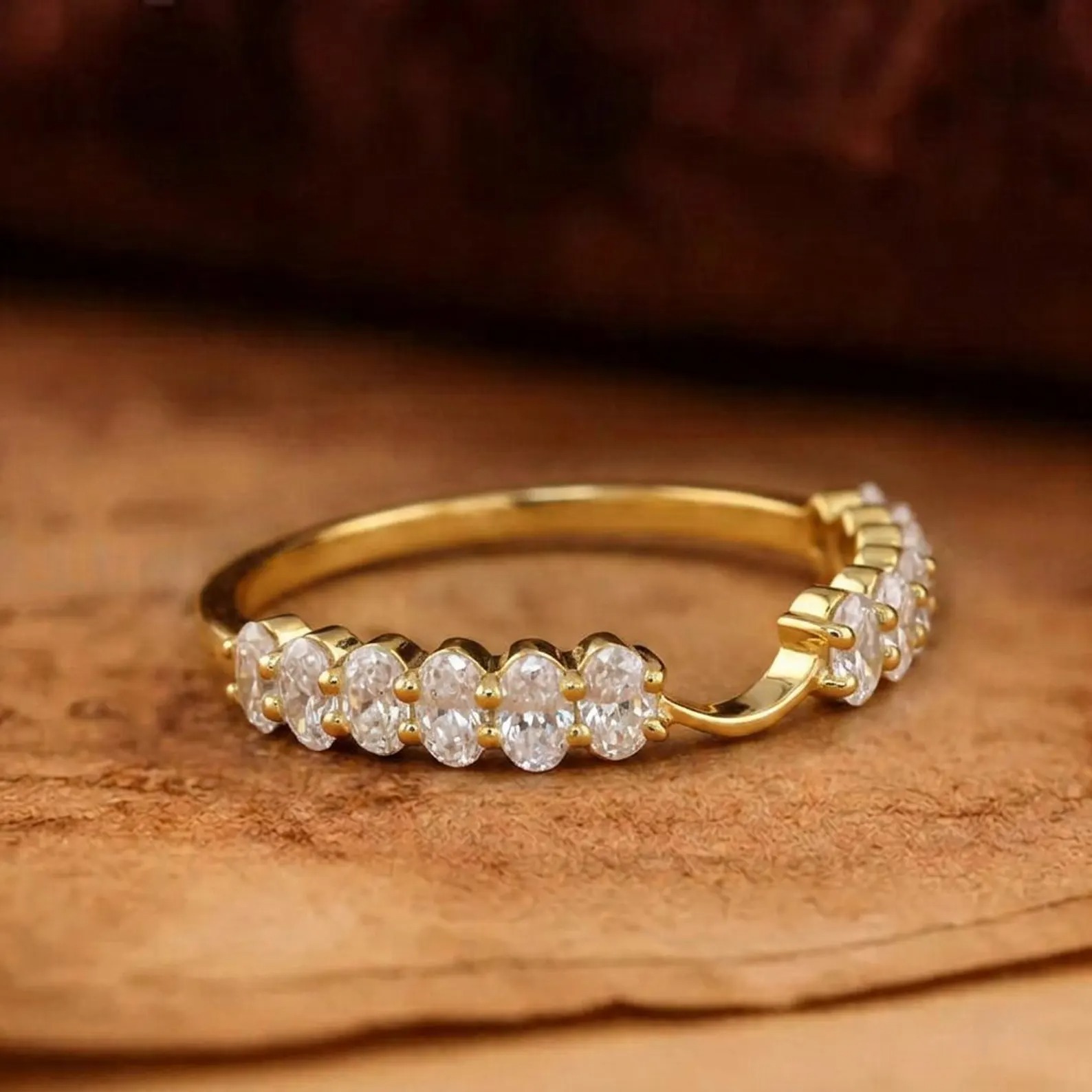Oval Moissanite Notched Wedding Band, 14K Gold Half Eternity Stackable Ring, Matching Band for Engagement Ring, Anniversary Ring for Her