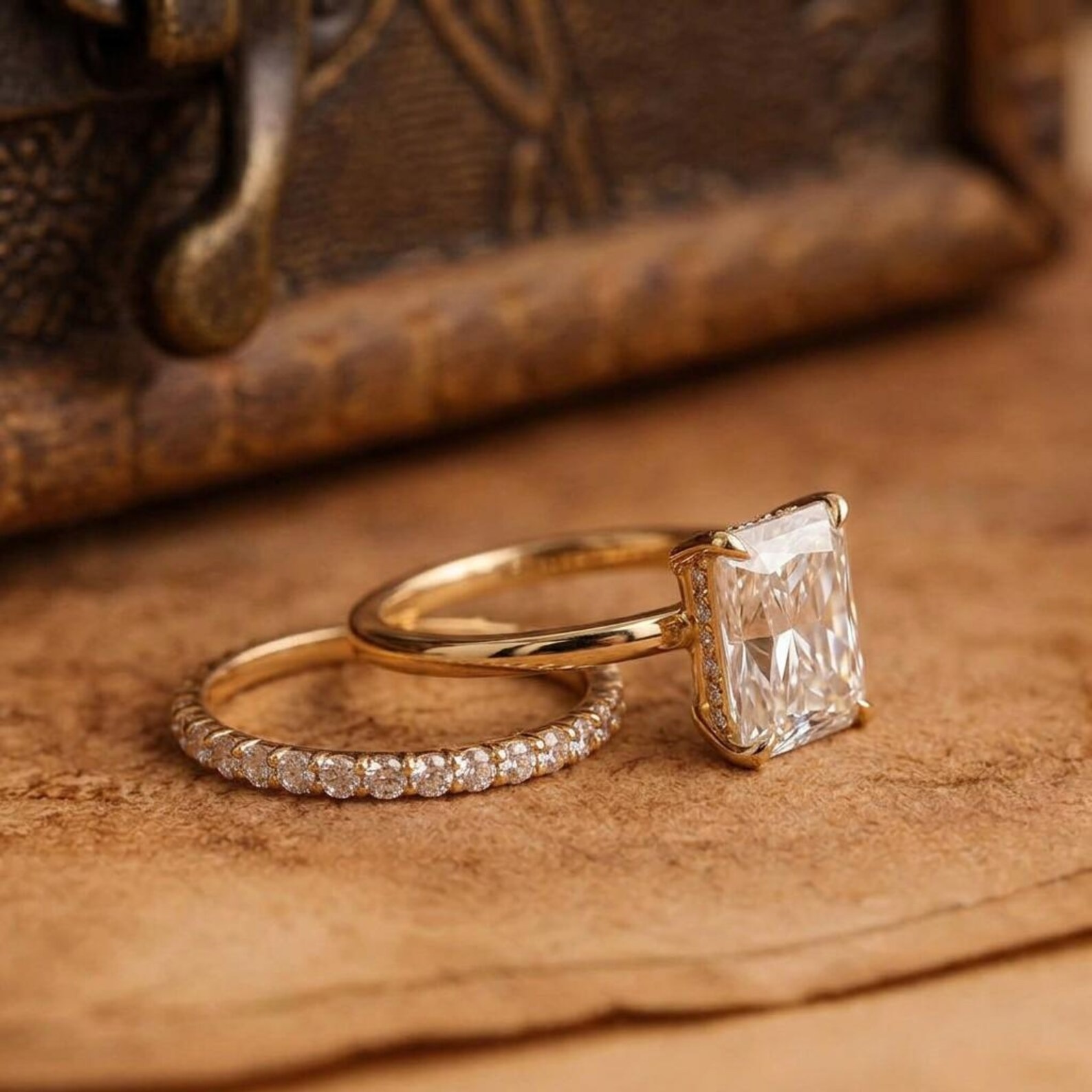Hidden halo.Gold over Sterling Silver 925 Bridal Set with 3CT Radiant Cut CZ engagement ring with hidden halo and half eternity band.