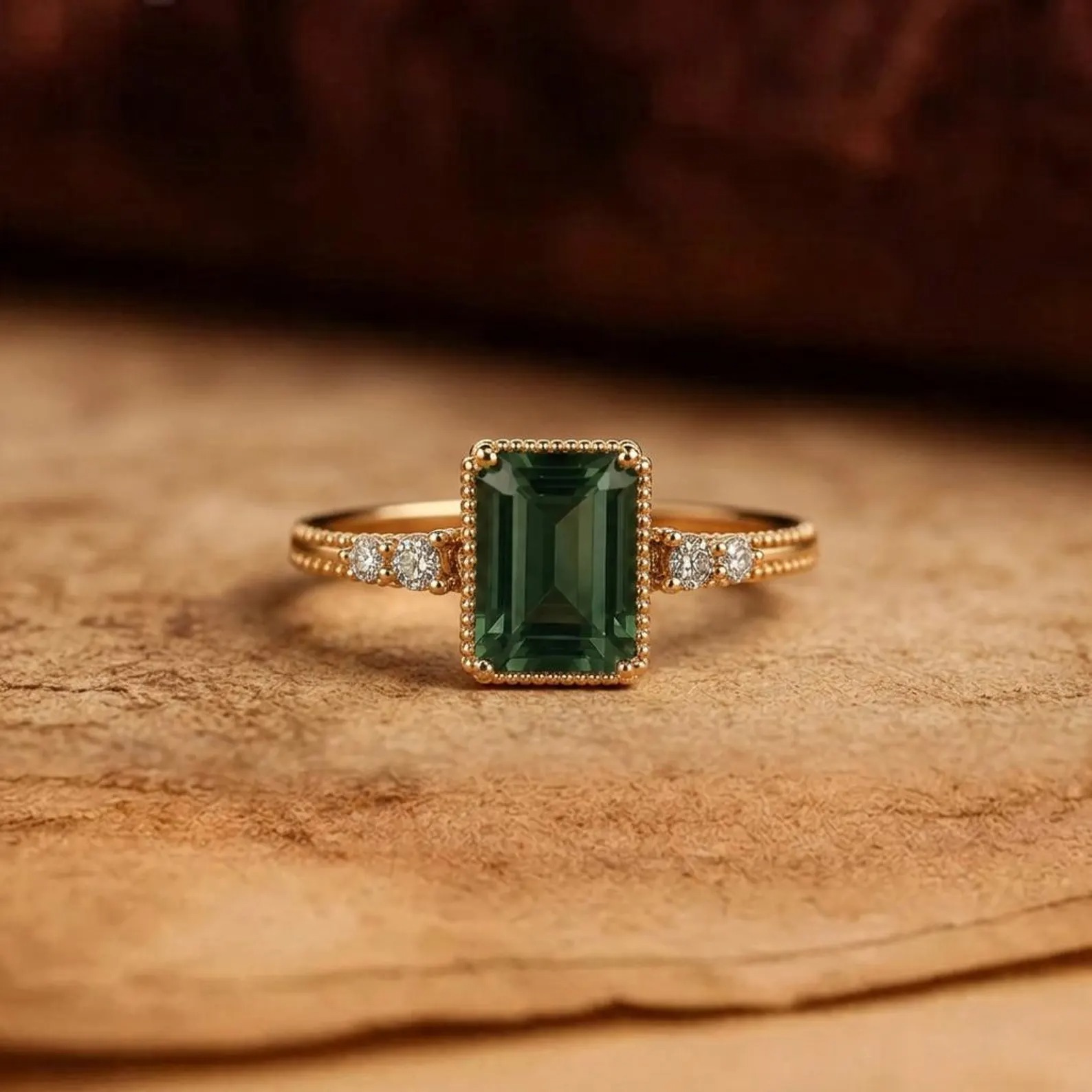 Vintage Green Amethyst Emerald Cut Ring Women 14K Solid Yellow Gold Engagement Ring Unique Prong Set Ring February Birthstone Gift for Wife