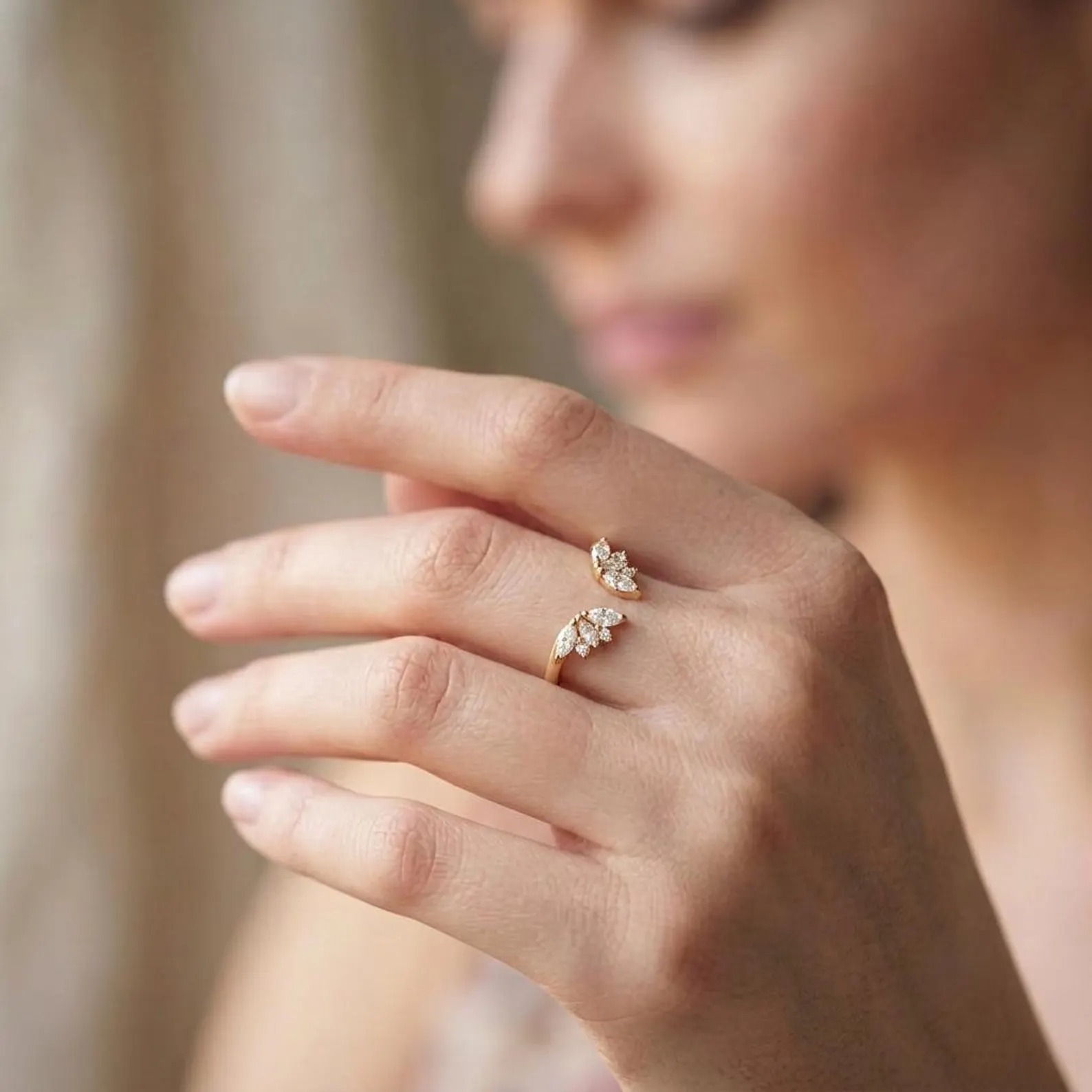 Yellow Gold Open Wedding Band, Solid Gold Gap Wedding Ring, Womens Cuff Stacking Ring, Moissanite Bridal Ring, Marquise Stackable Ring