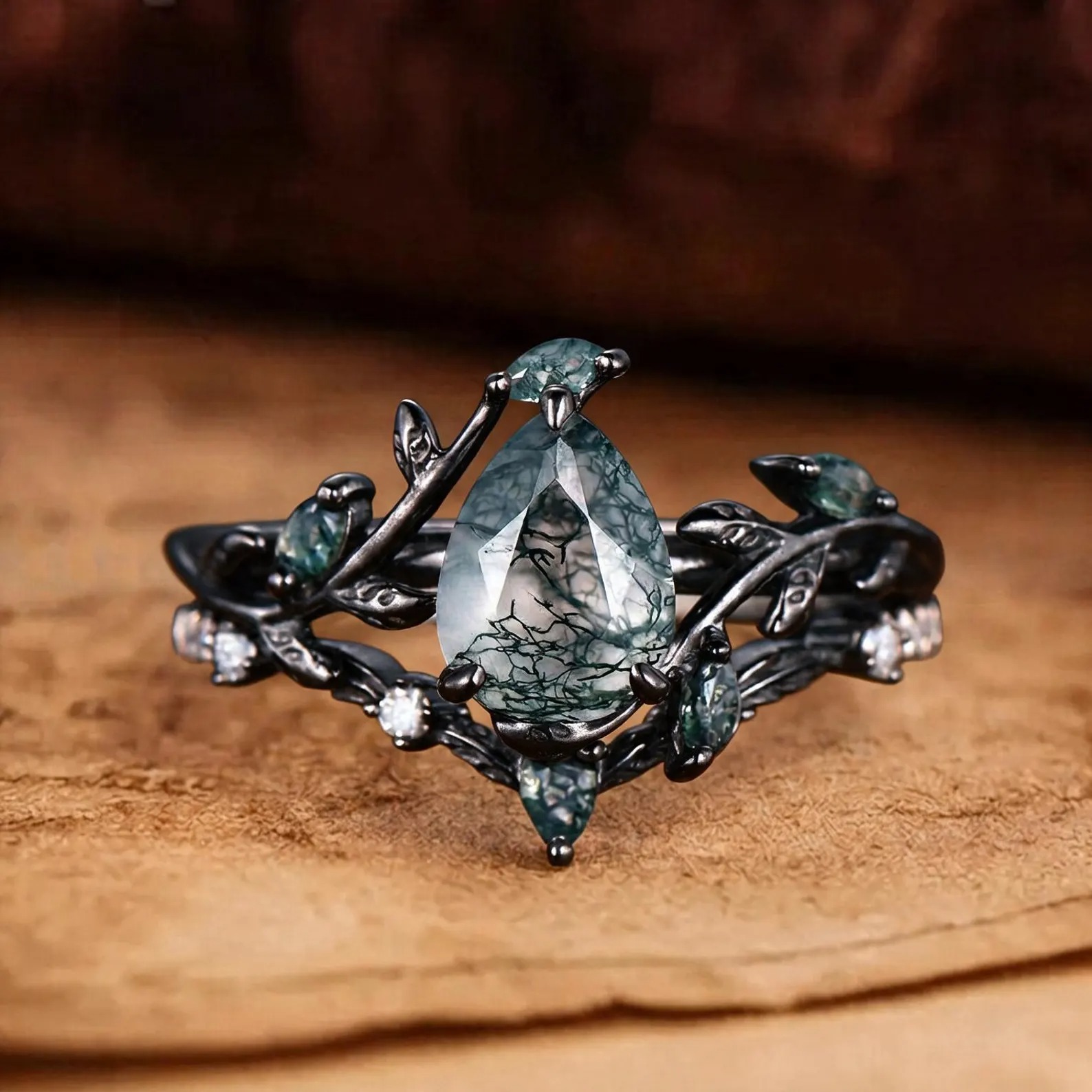 Vintage pear cut green moss agate engagement ring rose gold art deco cluster leaf nature inspired bridal promise wedding ring set women