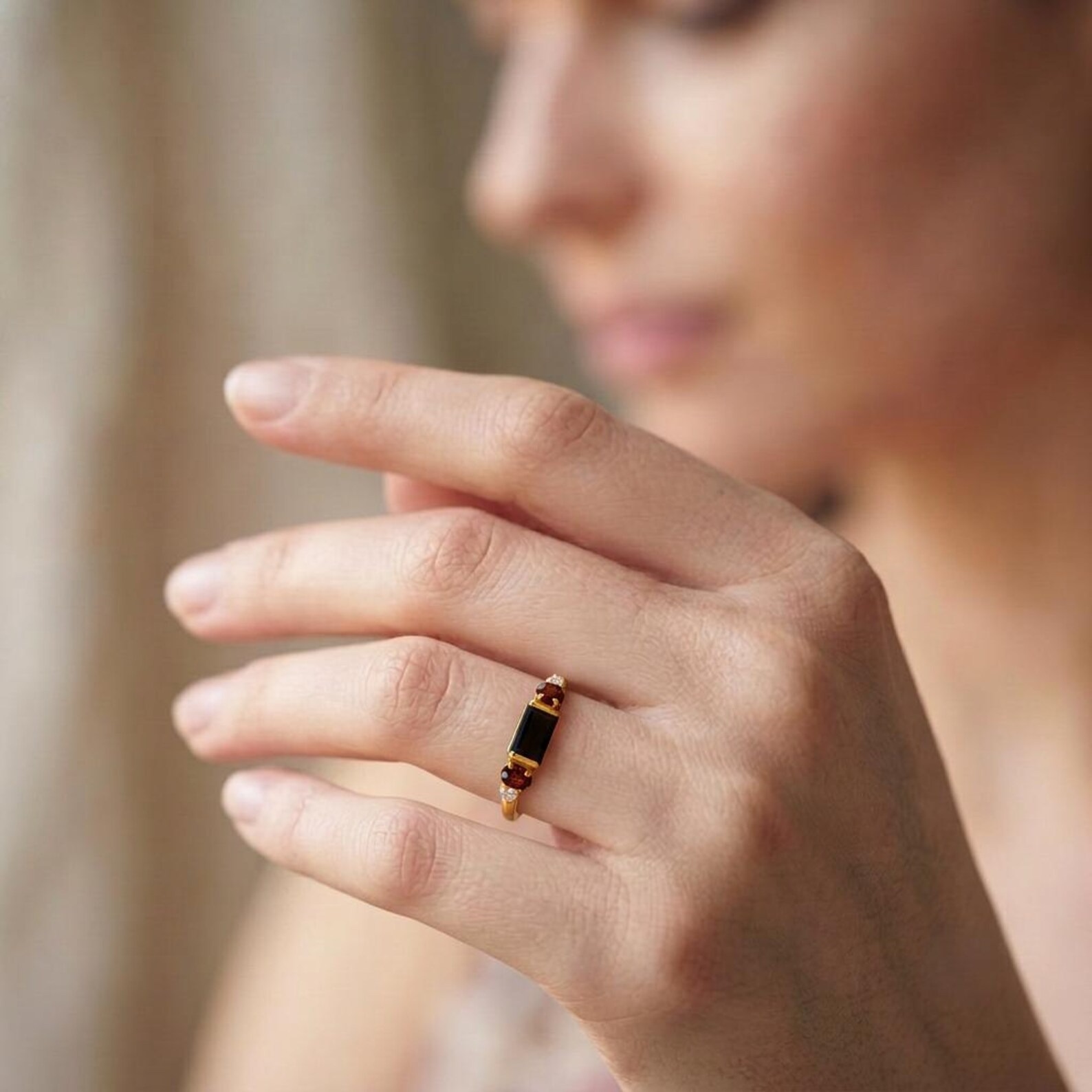 Black Onyx Ring: 18k Gold Plated Sterling Silver, Garnet-White Topaz Accents, Women's Solitaire Ring