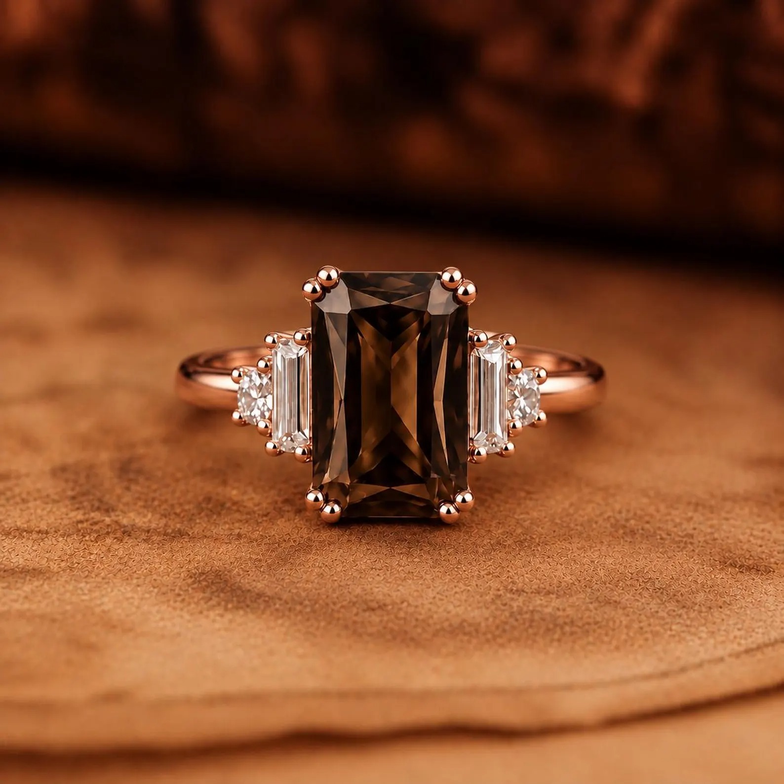 Radiant Smoky Quartz Ring, 14K Gold Five Stone Ring, Baguette Diamond Side Stones, Vintage Engagement Ring, Brown Gemstone Ring Gift for Her