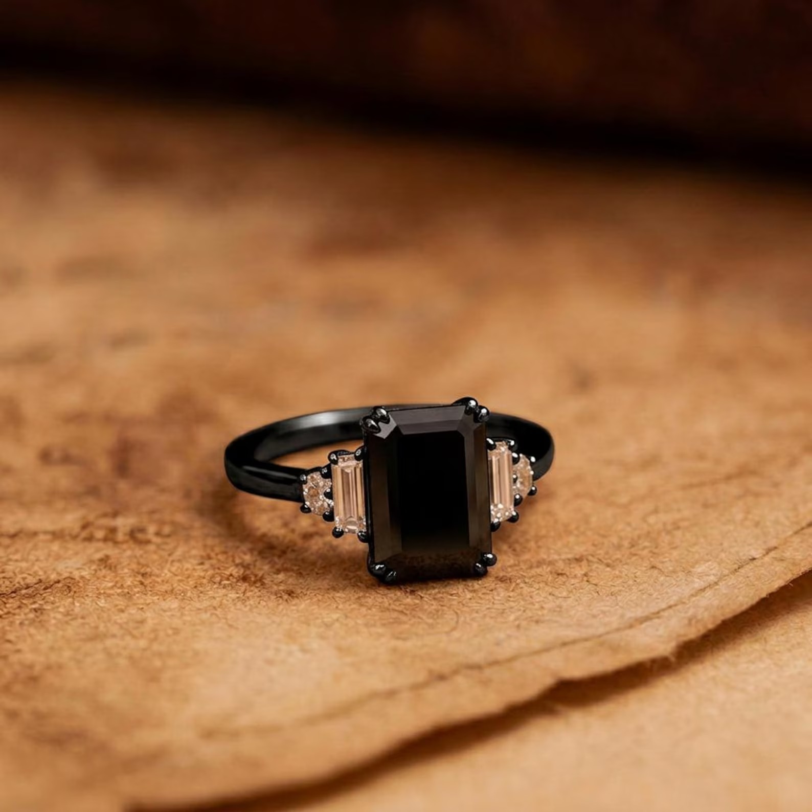 Radiant Natural Onyx Ring, 14K Gold Five Stone Ring, Baguette Diamond Side Stones, Vintage Engagement Ring, Black Gemstone Ring Gift for Her