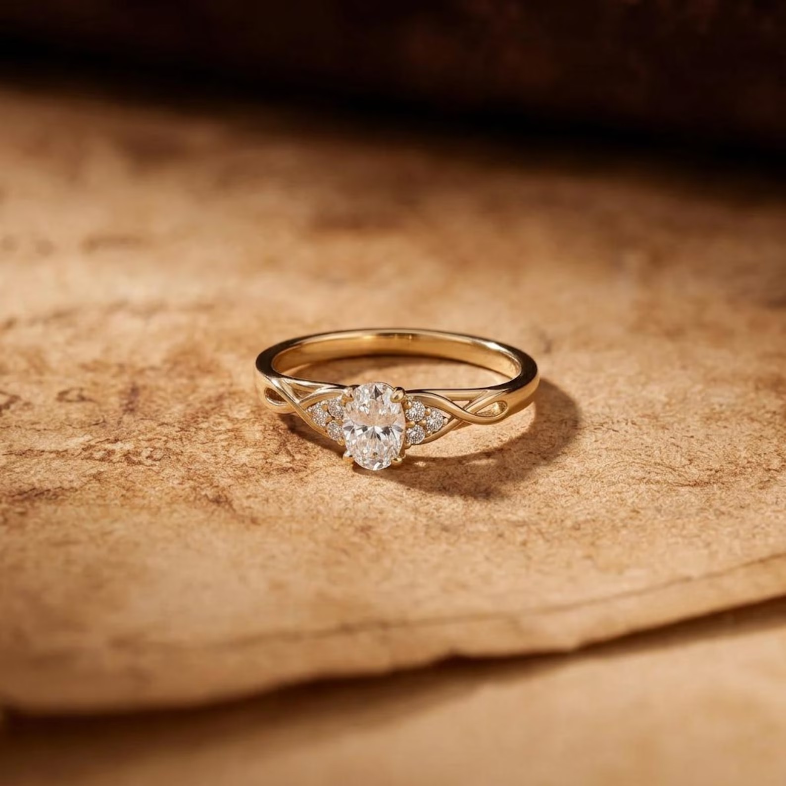 14k Solid Gold Oval Moissanite Engagement Ring, Twist Vine Solitaire Ring, Pave Infinity Moissanite Ring, Unique Leaf Style Bridal Ring