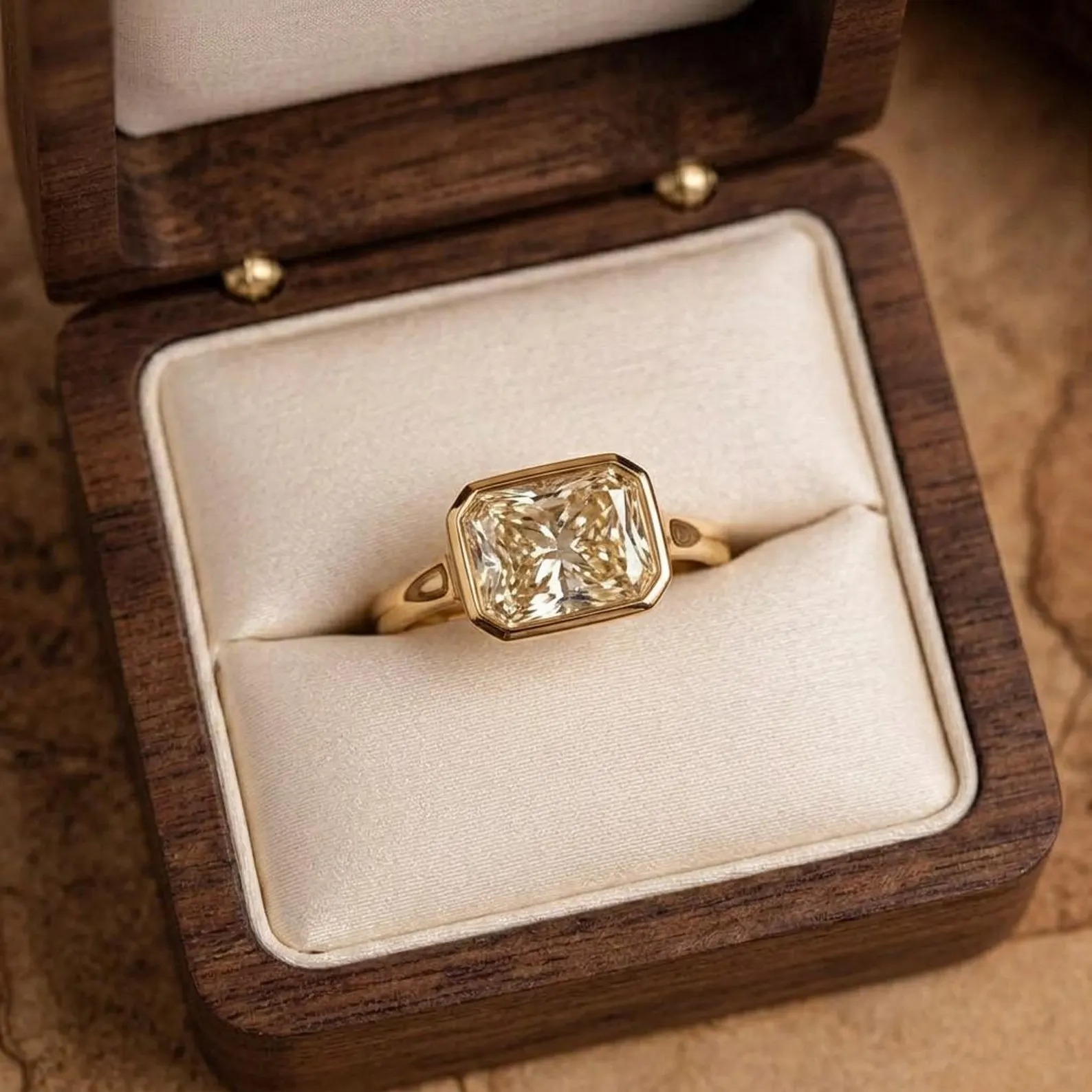 East West Radiant Cut Moissanite Engagement Ring, Bezel Set Radiant Moissanite Ring, 14K Yellow Gold ,Vintage Style Solitaire Luxury Ring