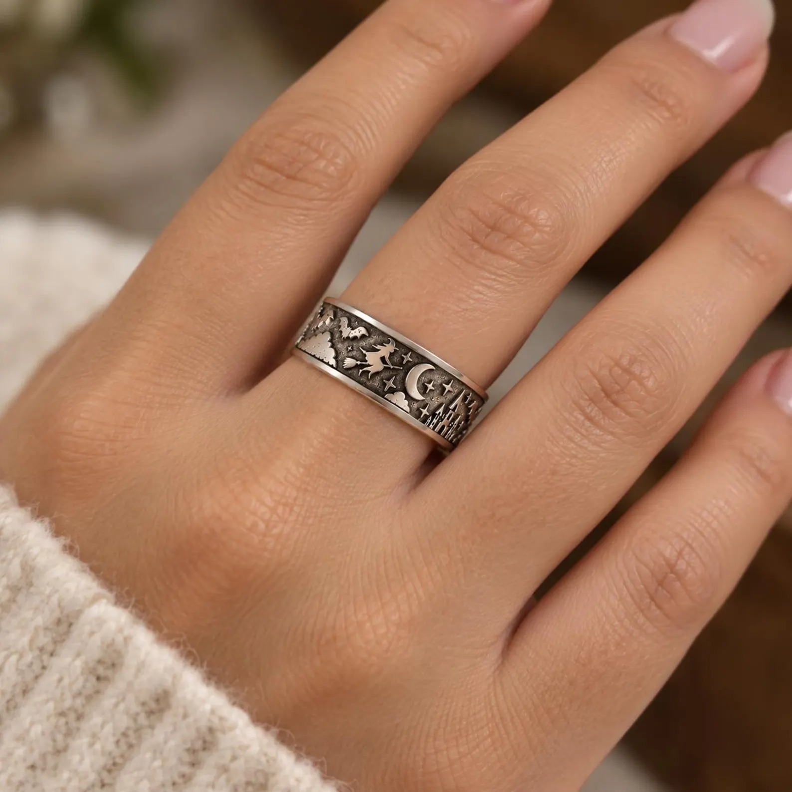Tiny Ghost Ring, 14k Gold Perfect For Her - Halloween Stacking Ring, Autumn/Fall. Spooky Halloween Cottagecore Jewelry,Witch Broom Moon Ring