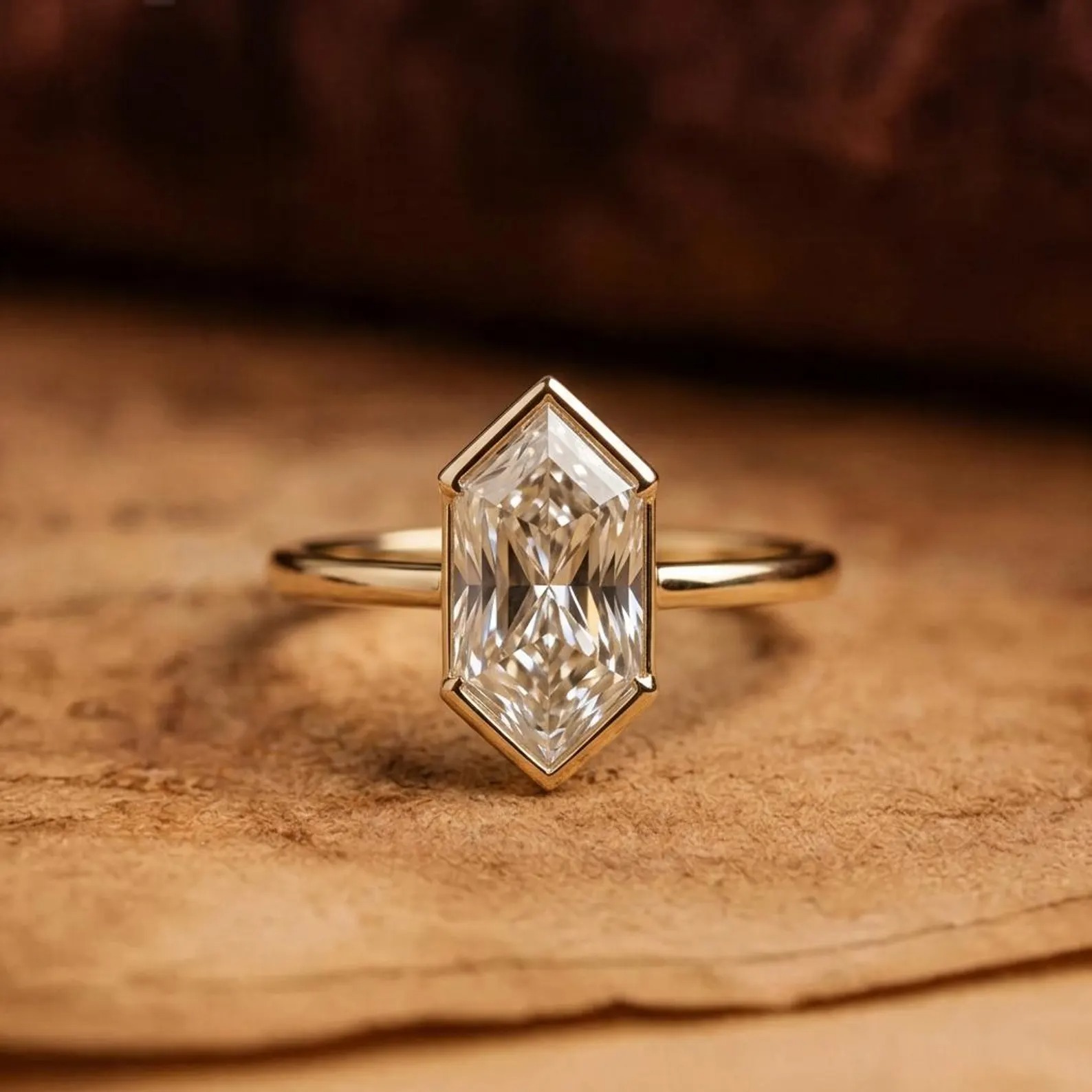 Elongated Hexagon Moissanite Solitaire Ring, Vintage Half Bezel Black Gold, Handmade Anniversary Gift