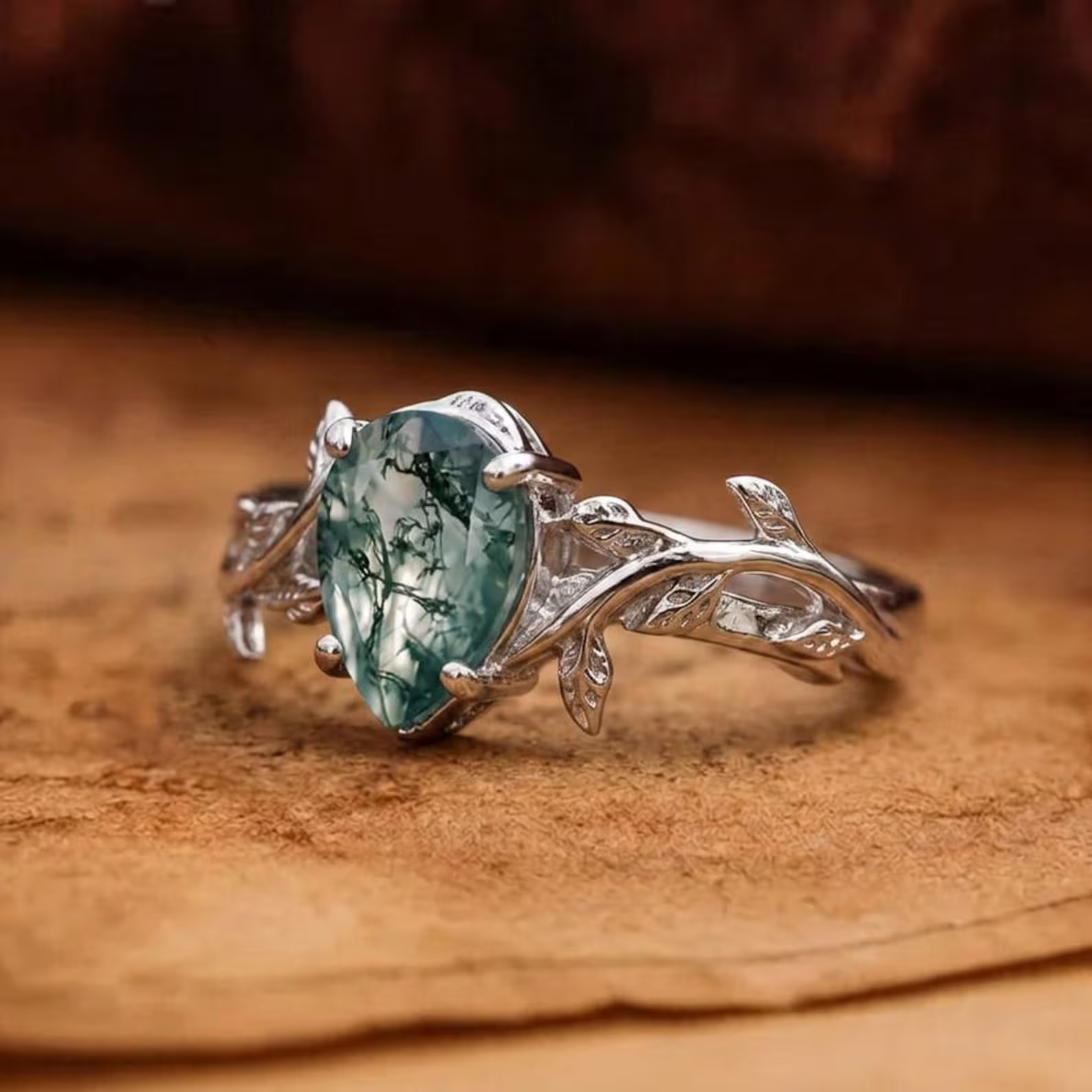 Silver Ring + Box, Moss Agate Leaf & Vine Natural Style Ring, Minimalist Dainty Jewelry Engagement Ring, Birthday Gift for Her, Mom, Wife