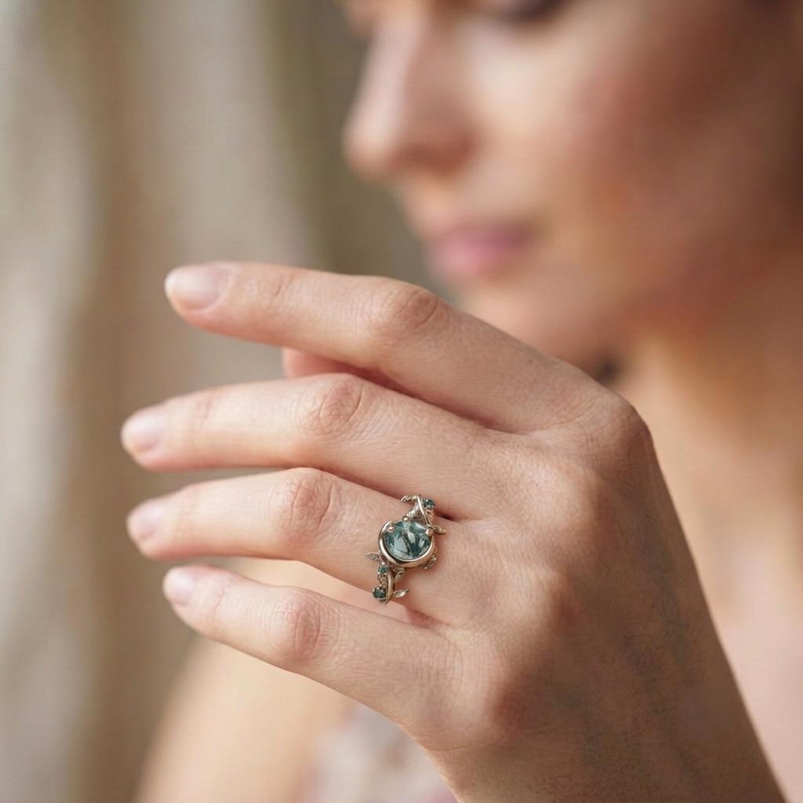 Moss Agate Gold Ring • Round Moss Agate Ring • Leaf Vine Nature Design • Handmade Green Stone Ring • Round Emerald Ring