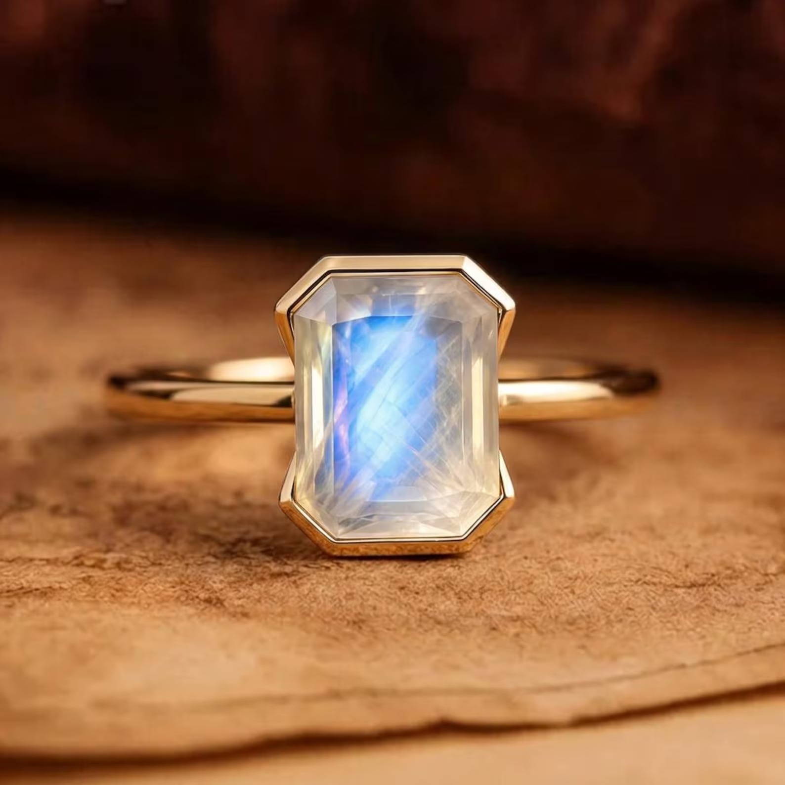 Moonstone Emerald Cut Ring, Rainbow Moonstone Statement Ring, Minimalist Gold Ring, Handmade Celestial Jewelry for Women, Bridesmaid Gift