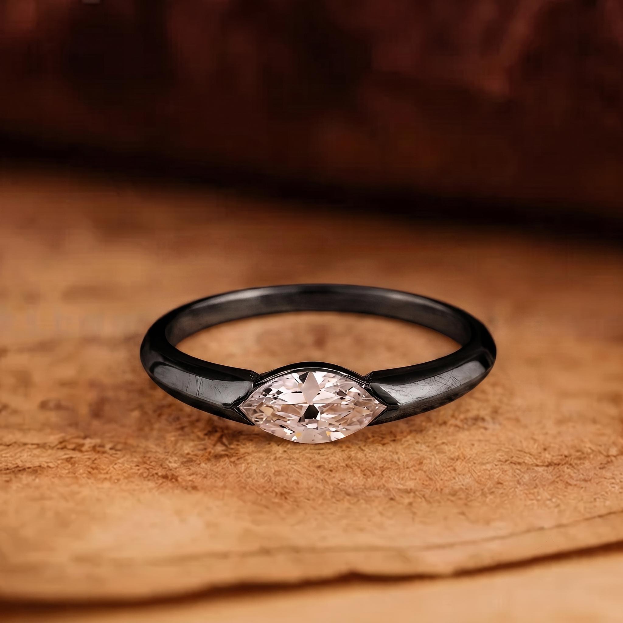 0.5 Carat East West Marquise Cut Solitaire Ring - Available 14k-18k Gold, Silver, or Moissanite/Modern Minimalist Half-Bezel Engagement Ring