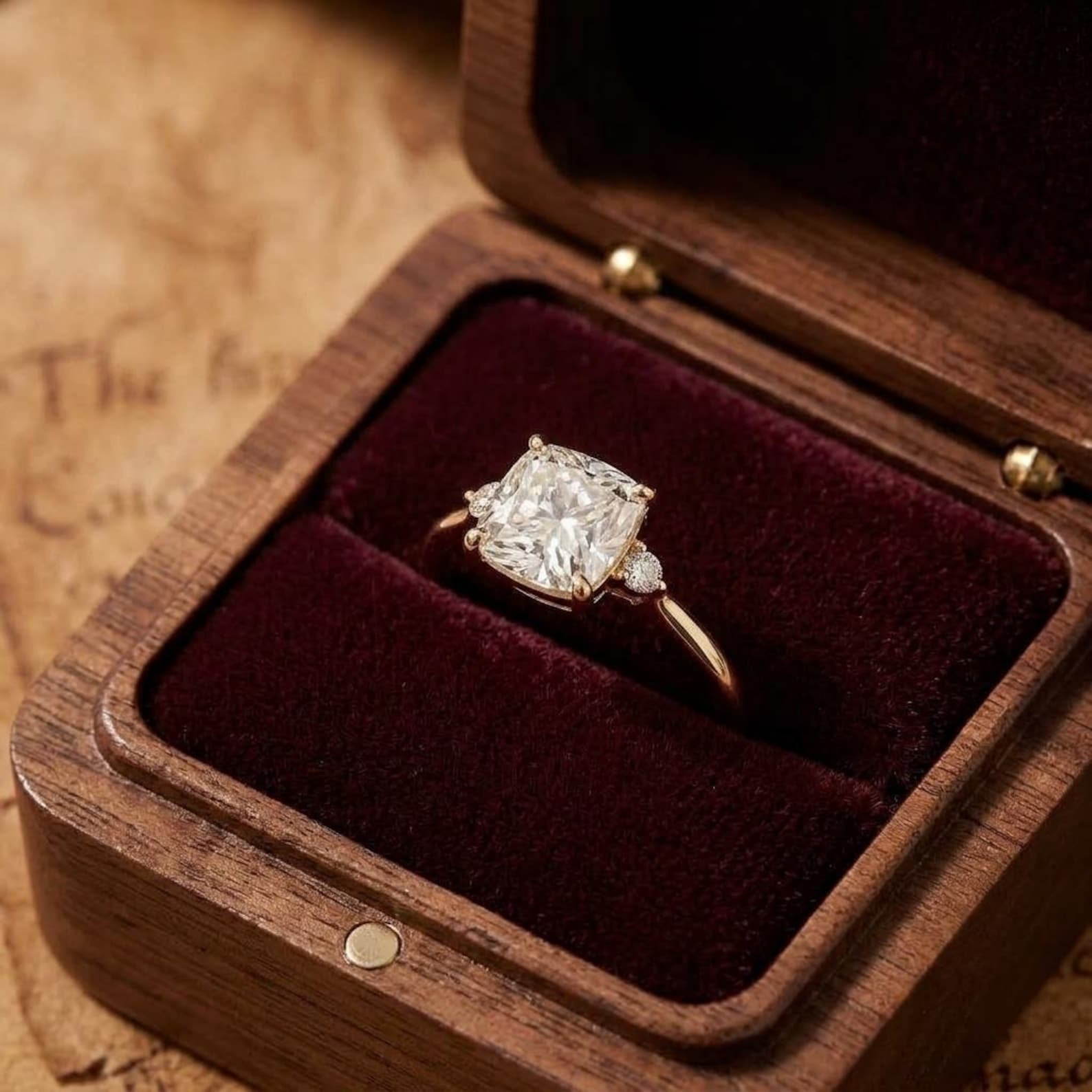 14K Solid Gold Solitaire Cushion Cut Moissanite Engagement Ring, Vintage Diamond Cluster Wedding Proposal Ring, Anniversary Gift for Wife