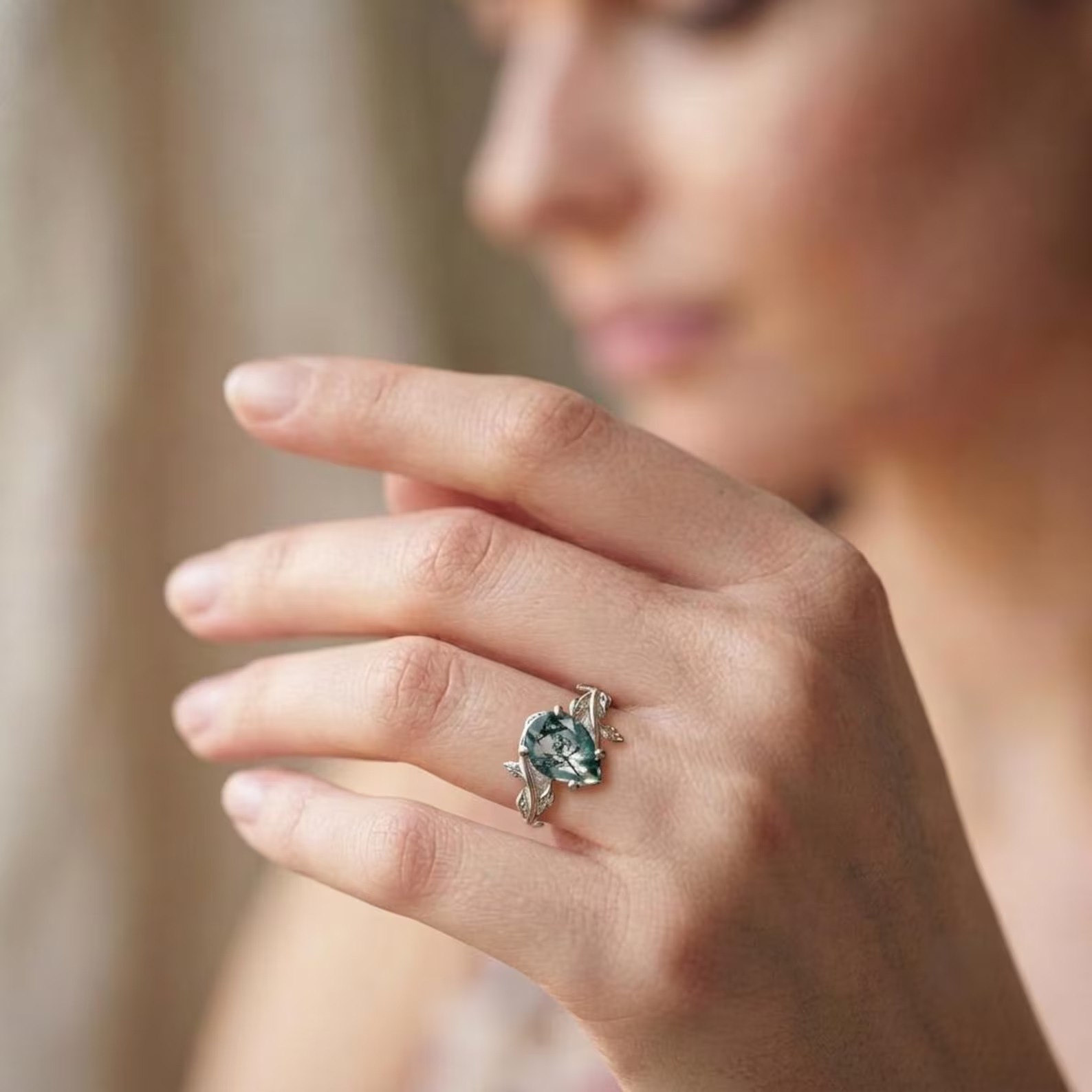 Silver Ring + Box, Moss Agate Leaf & Vine Natural Style Ring, Minimalist Dainty Jewelry Engagement Ring, Birthday Gift for Her, Mom, Wife