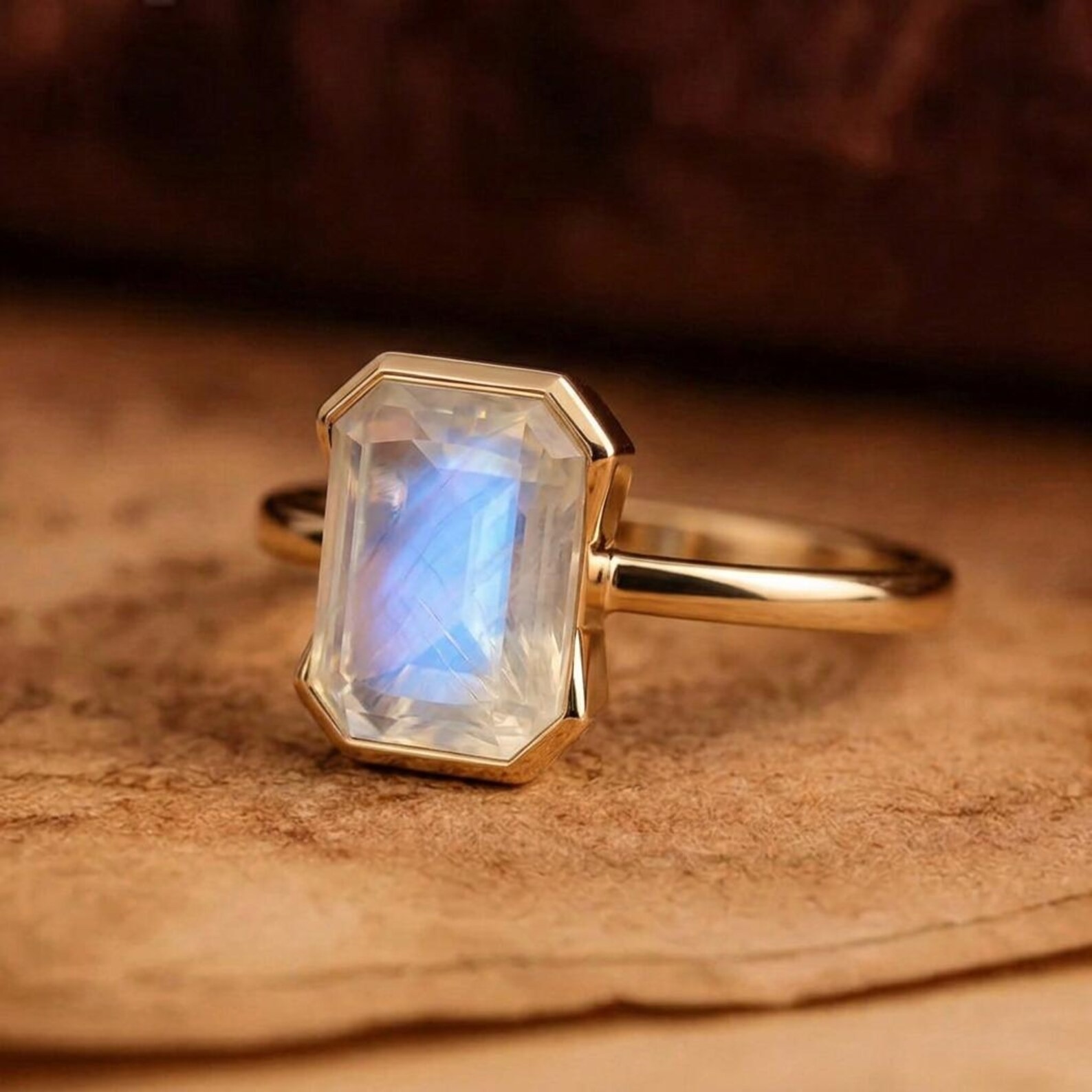 Moonstone Emerald Cut Ring, Rainbow Moonstone Statement Ring, Minimalist Gold Ring, Handmade Celestial Jewelry for Women, Bridesmaid Gift