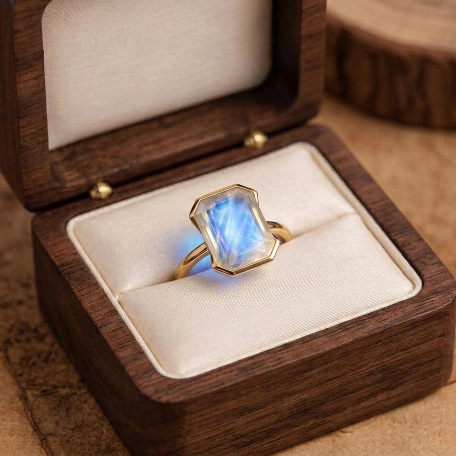 Moonstone Emerald Cut Ring, Rainbow Moonstone Statement Ring, Minimalist Gold Ring, Handmade Celestial Jewelry for Women, Bridesmaid Gift
