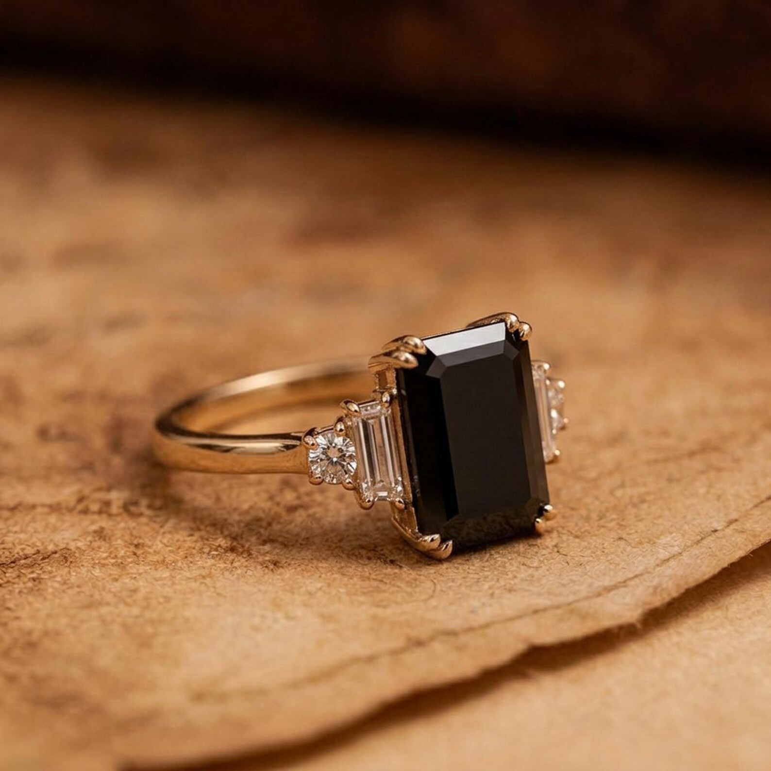 Radiant Natural Onyx Ring, 14K Gold Five Stone Ring, Baguette Diamond Side Stones, Vintage Engagement Ring, Black Gemstone Ring Gift for Her