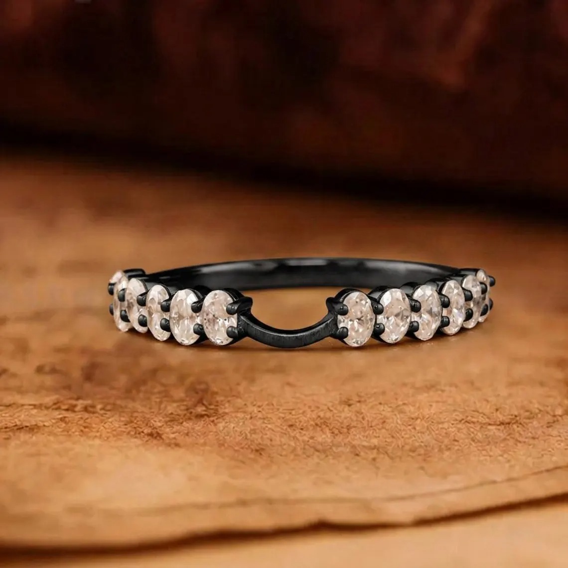 Oval Moissanite Notched Wedding Band, 14K Gold Half Eternity Stackable Ring, Matching Band for Engagement Ring, Anniversary Ring for Her