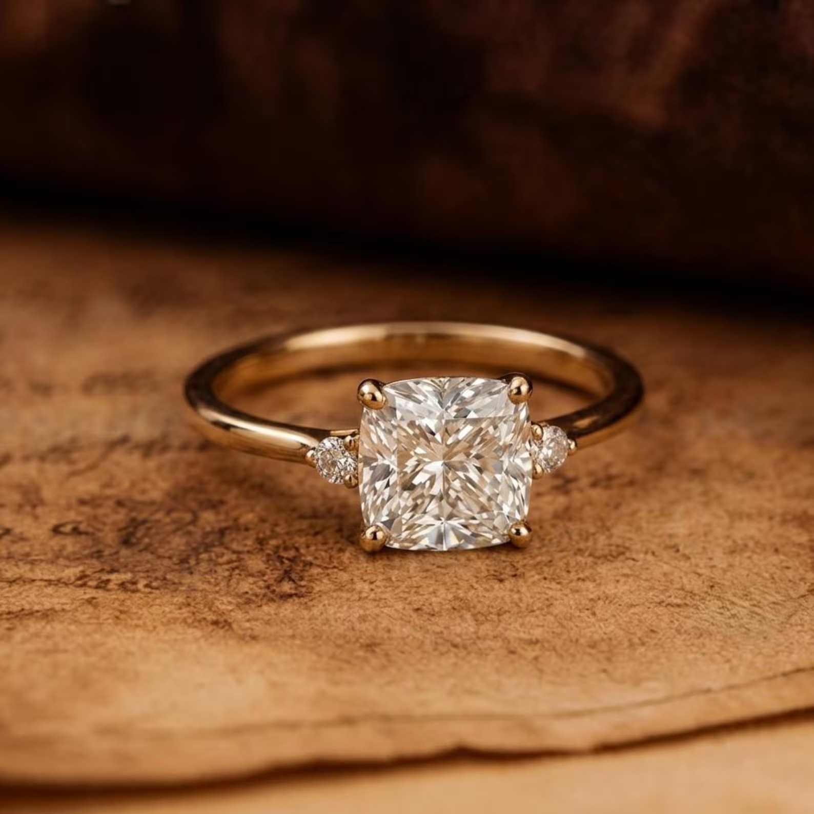 14K Solid Gold Solitaire Cushion Cut Moissanite Engagement Ring, Vintage Diamond Cluster Wedding Proposal Ring, Anniversary Gift for Wife