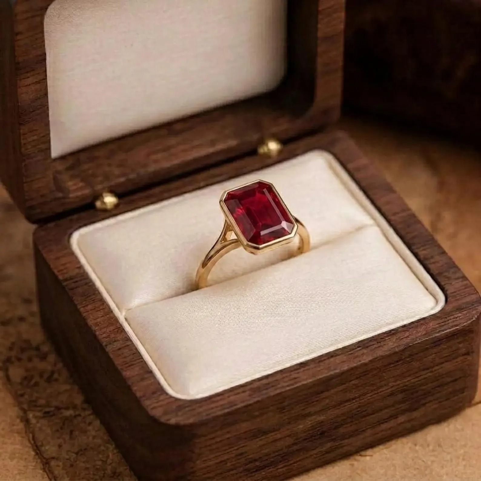 Emerald Cut Lab Ruby Engagement Ring - 14K Yellow Gold July Birthstone Ring Solitaire Promise Wedding Jewellery unique Bridal Ring