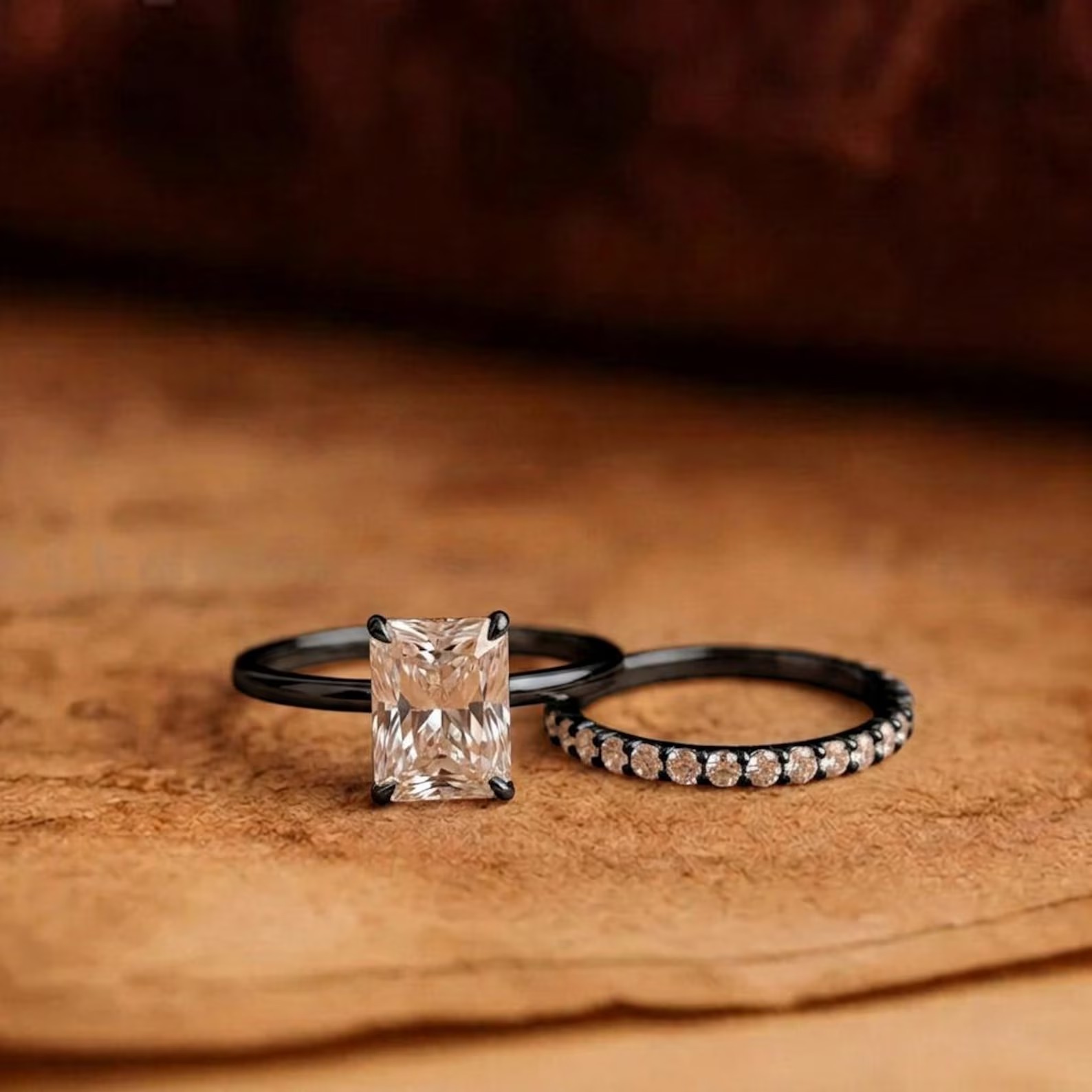Hidden halo.Gold over Sterling Silver 925 Bridal Set with 3CT Radiant Cut CZ engagement ring with hidden halo and half eternity band.