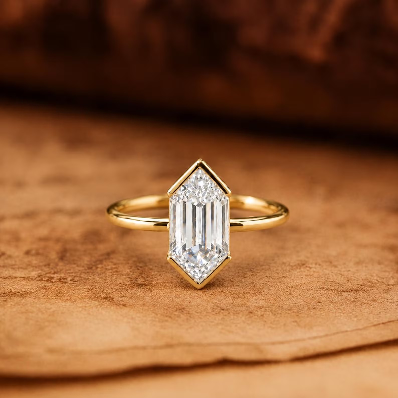 Elongated Hexagon Moissanite Solitaire Ring, Vintage Half Bezel Black Gold, Handmade Anniversary Gift