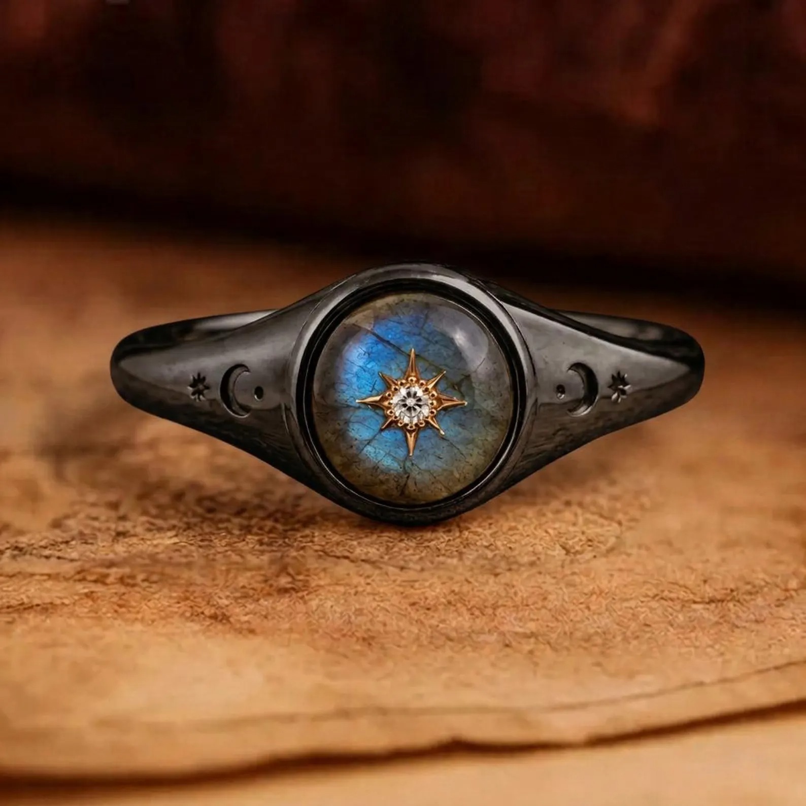 Natural Labradorite Signet Ring, Celestial Gold Ring, Moissanite Star Ring, Blue Flash Gemstone, Vintage Gift for Her