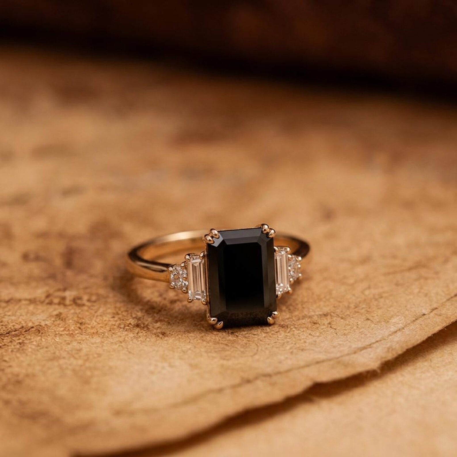 Radiant Natural Onyx Ring, 14K Gold Five Stone Ring, Baguette Diamond Side Stones, Vintage Engagement Ring, Black Gemstone Ring Gift for Her