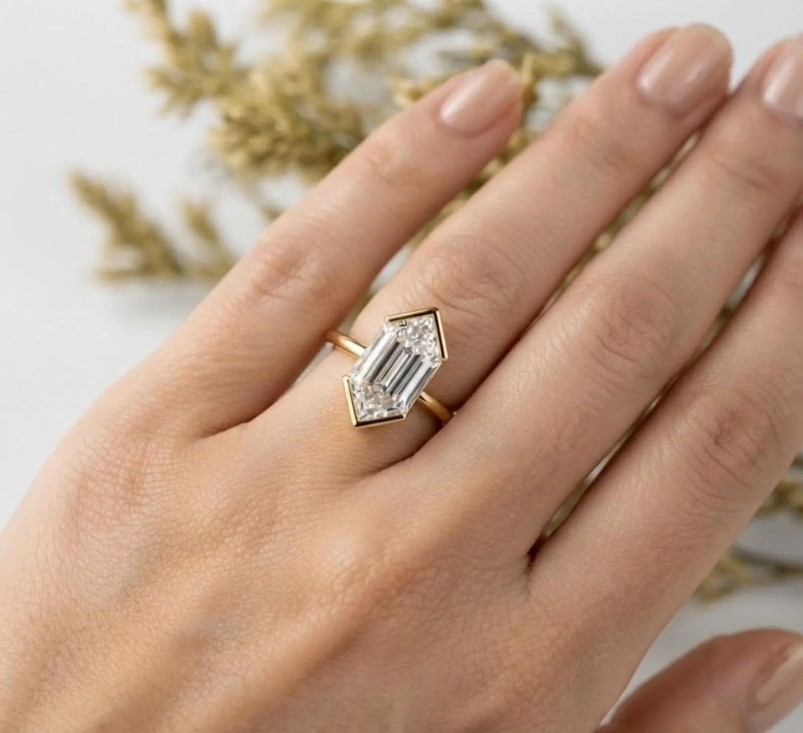 Elongated Hexagon Moissanite Solitaire Ring, Vintage Half Bezel Black Gold, Handmade Anniversary Gift