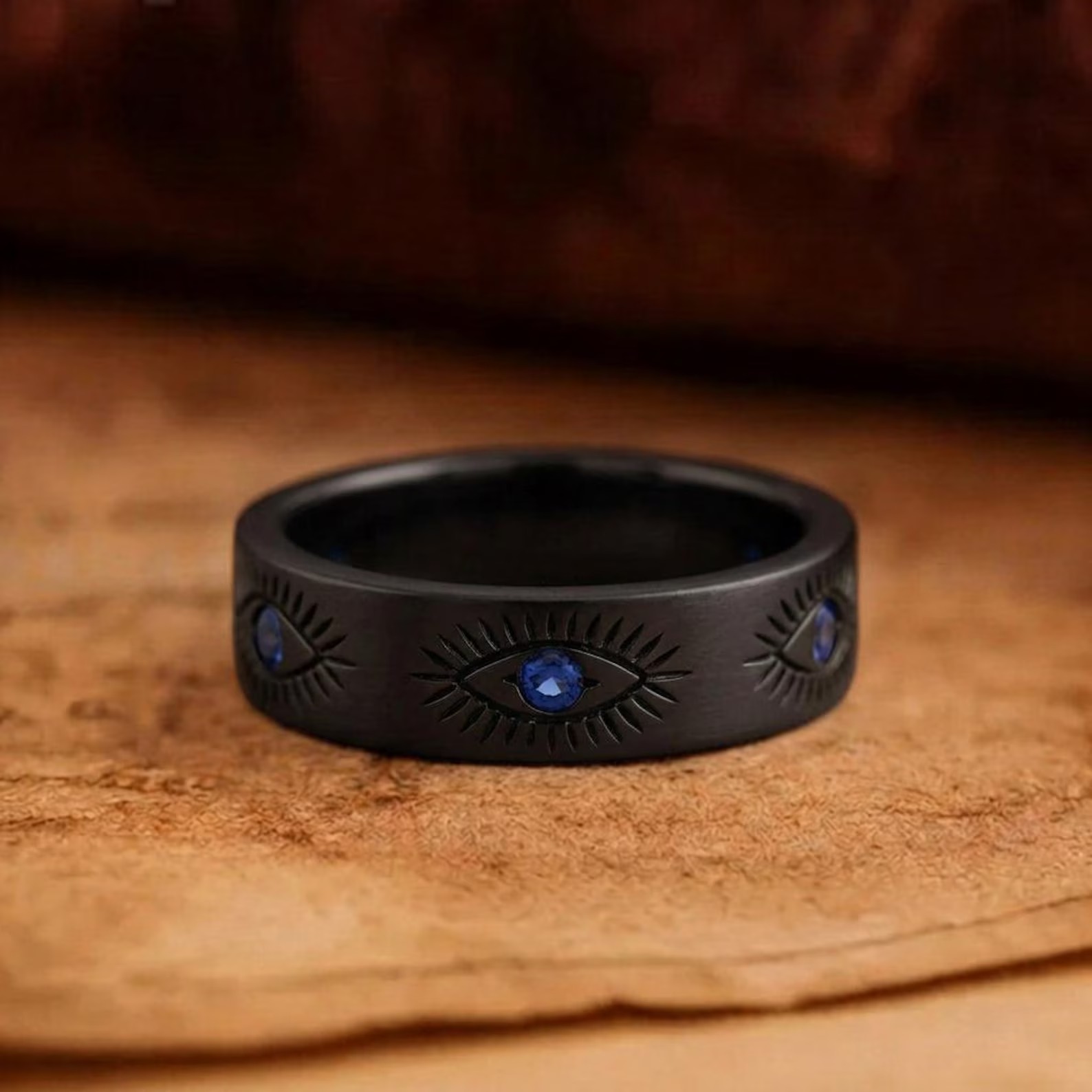 Vintage Karma Eya Sapphire ERing Evil Eye Engraved Band is in 14K Solid Gold & Variants, Women Jewelry Gift for Her, Wide Minimalist Ring