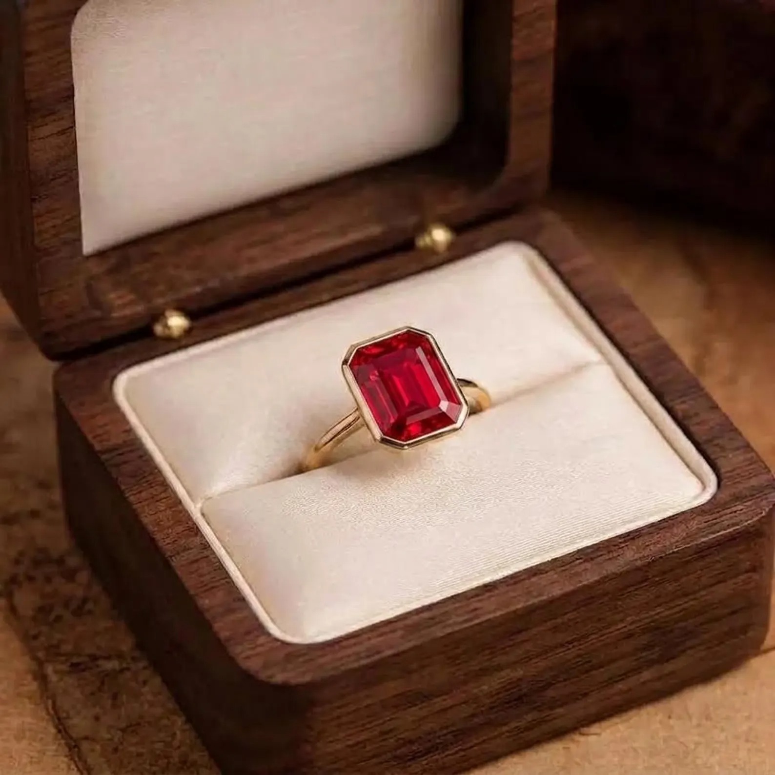 Vintage Emerald Cut Ruby Engagement Ring, Solid Yellow Red Gemstone Gold Ring, Promise Handmade Gorgeous Ring, Bezel Set Ruby Ring for Women