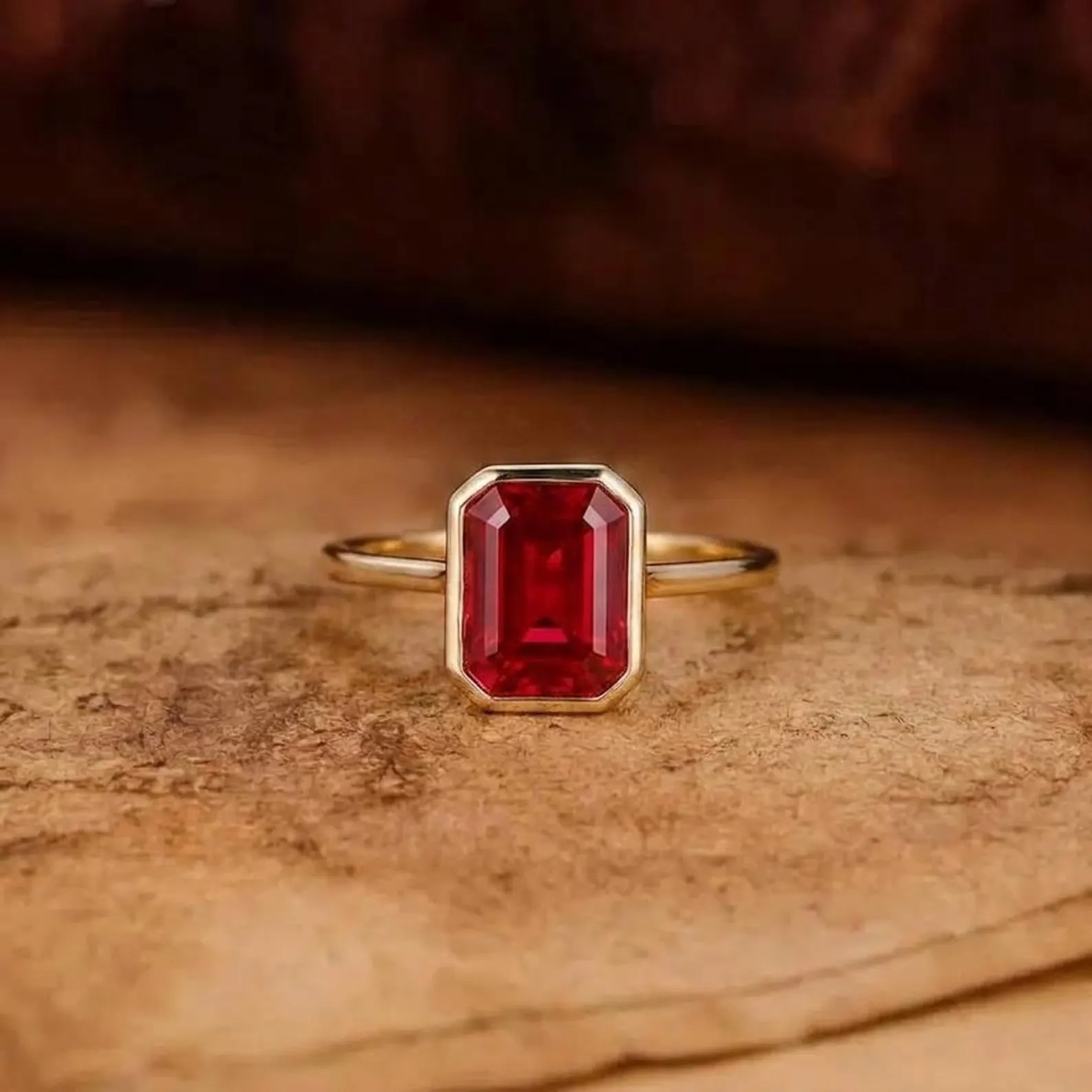 Vintage Emerald Cut Ruby Engagement Ring, Solid Yellow Red Gemstone Gold Ring, Promise Handmade Gorgeous Ring, Bezel Set Ruby Ring for Women