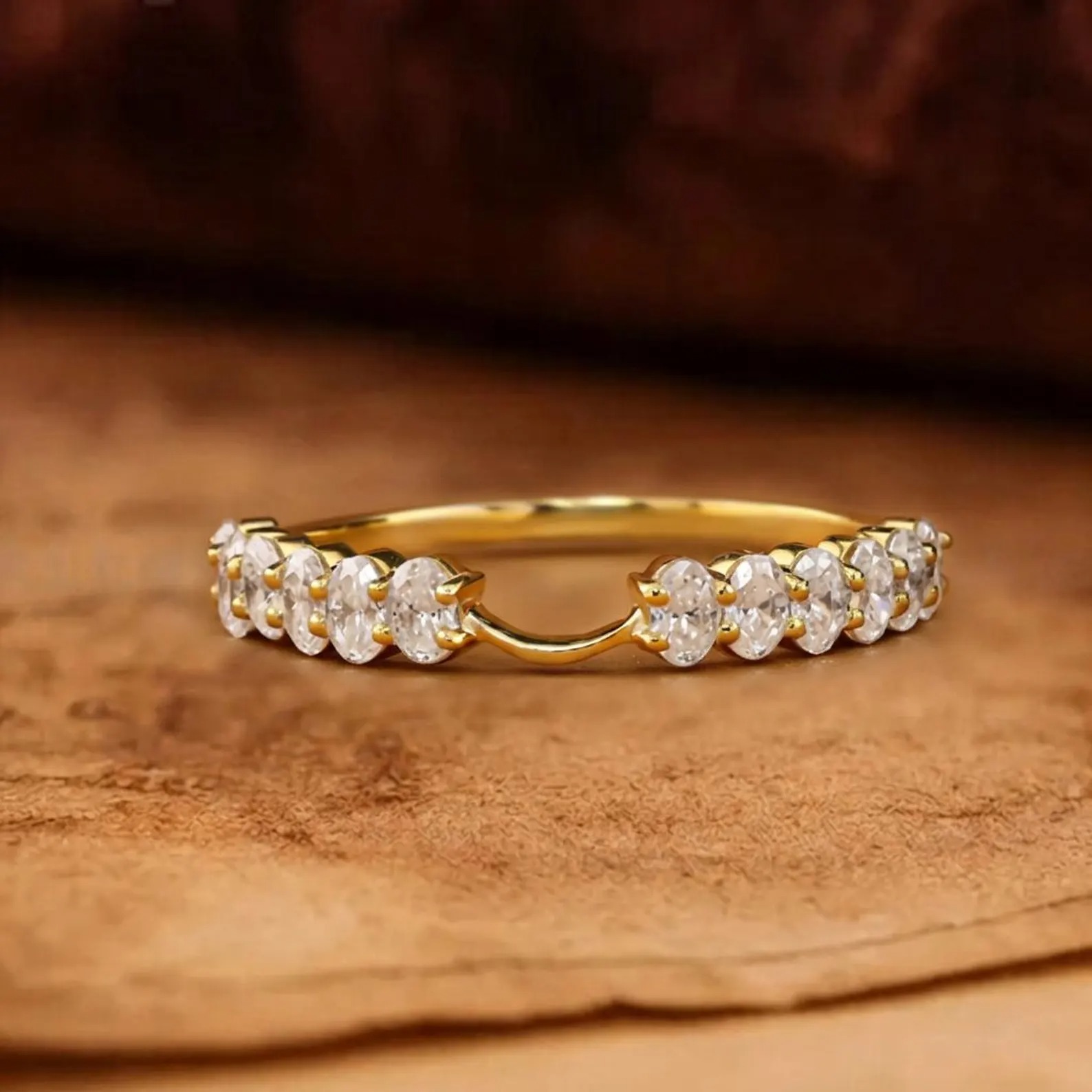Oval Moissanite Notched Wedding Band, 14K Gold Half Eternity Stackable Ring, Matching Band for Engagement Ring, Anniversary Ring for Her