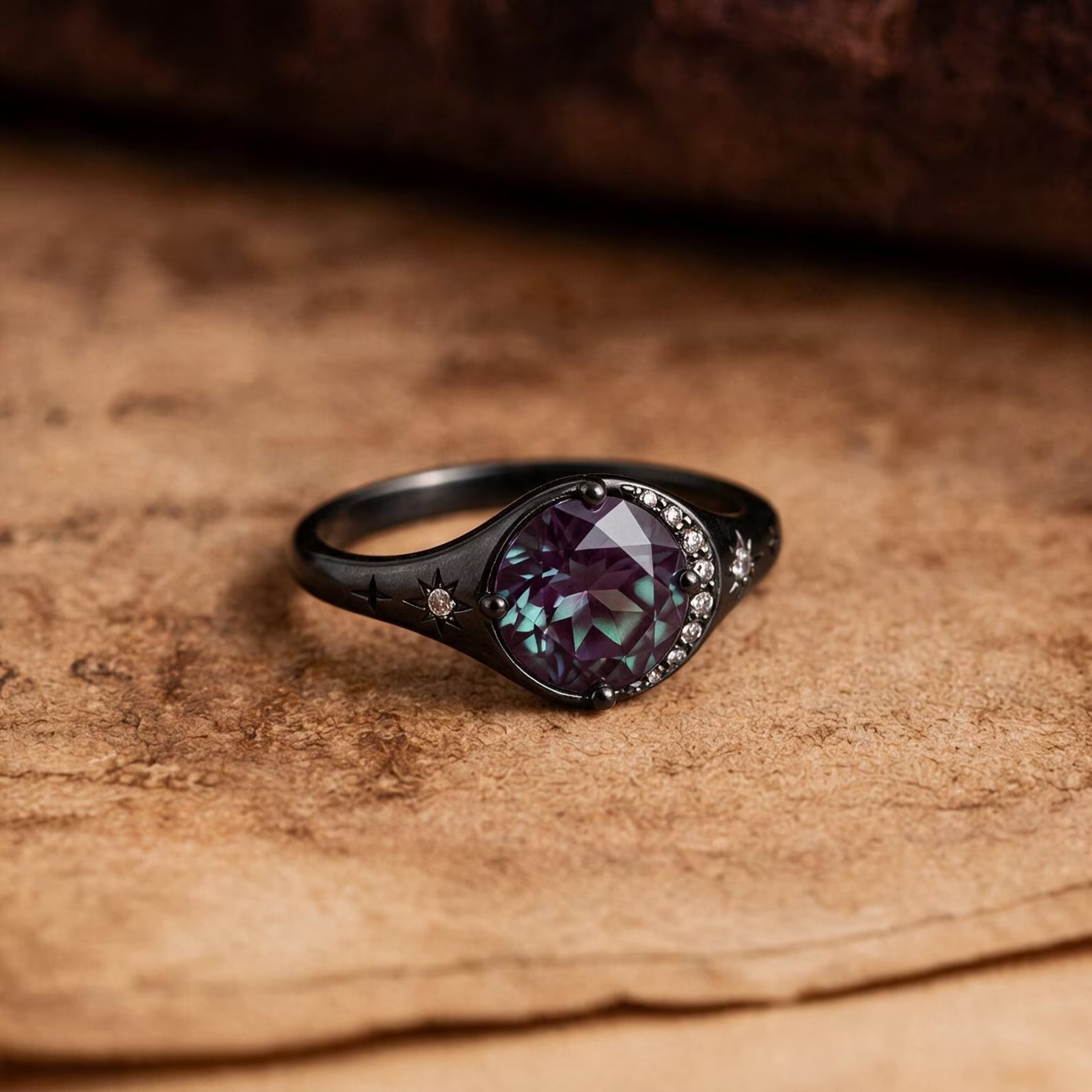 Vintage Alexandrite 14k Gold Eclipse alexandrite ring Unique Chatham alexandrite engagement ring Wedding Ring