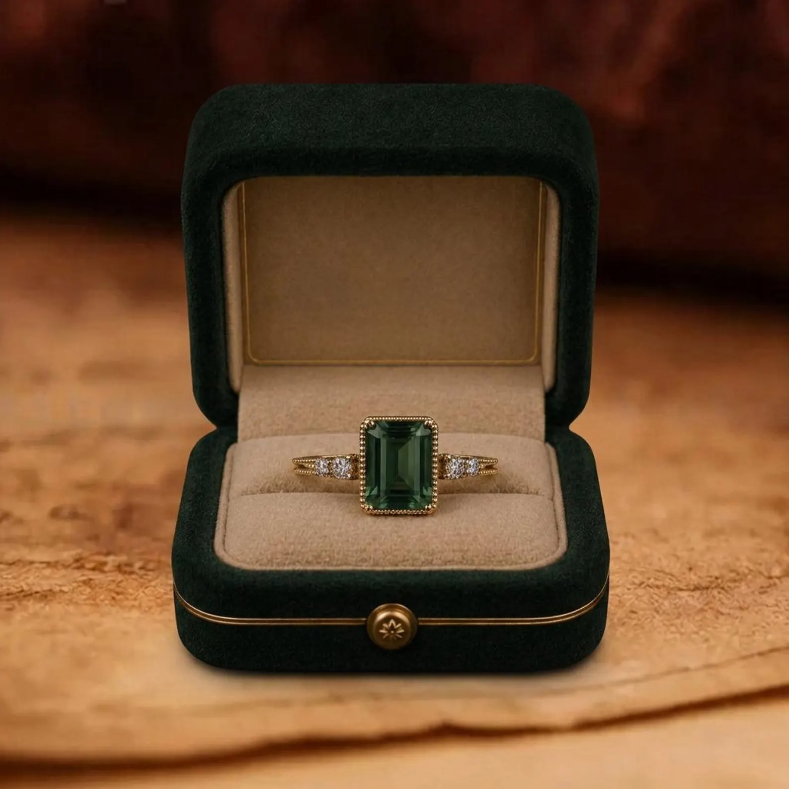 Vintage Green Amethyst Emerald Cut Ring Women 14K Solid Yellow Gold Engagement Ring Unique Prong Set Ring February Birthstone Gift for Wife