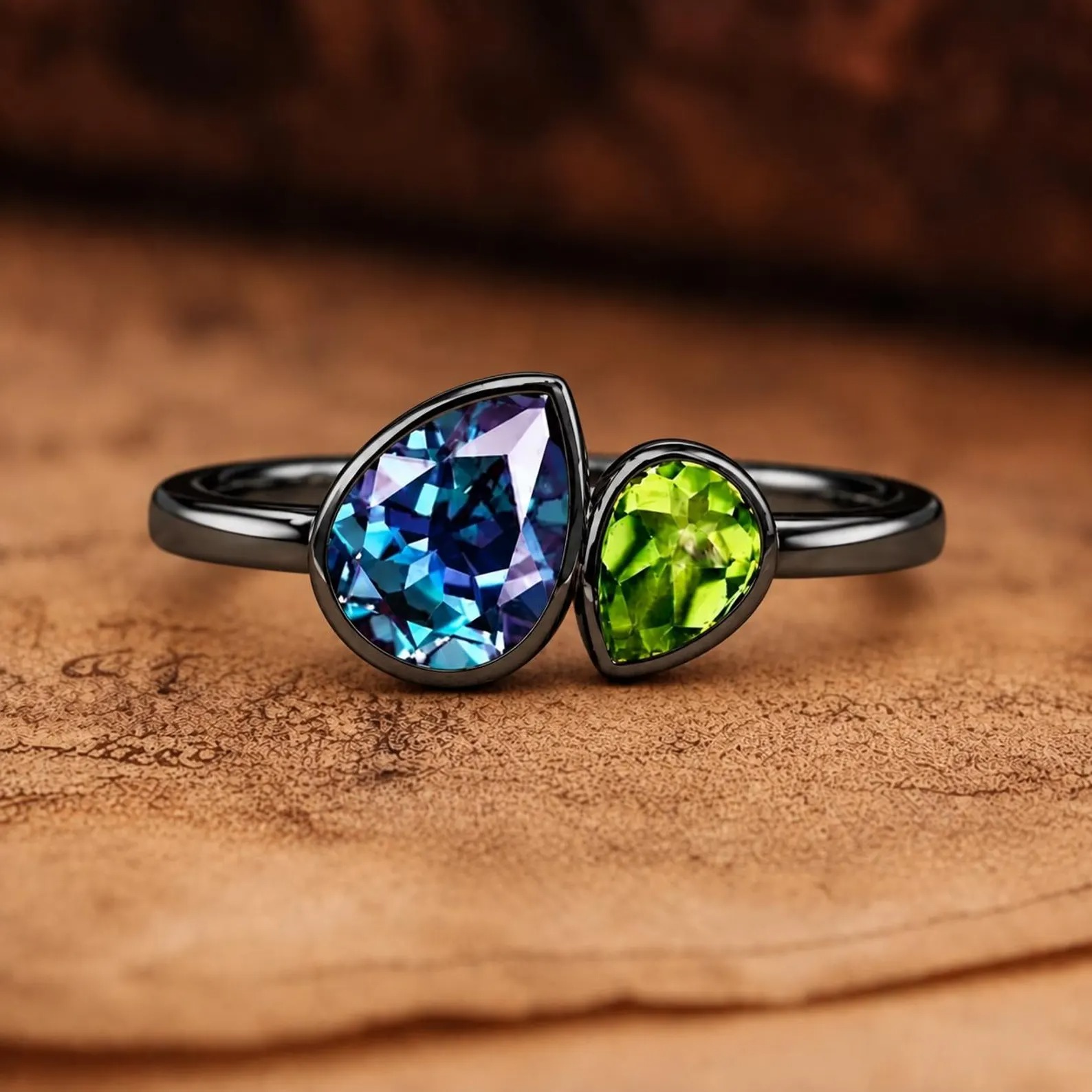 Vintage Pear-Shaped Alexandrite Engagement Ring Yellow gold art deco Peridot ring pear Bezel Set Gold rings unique anniversary bridal ring