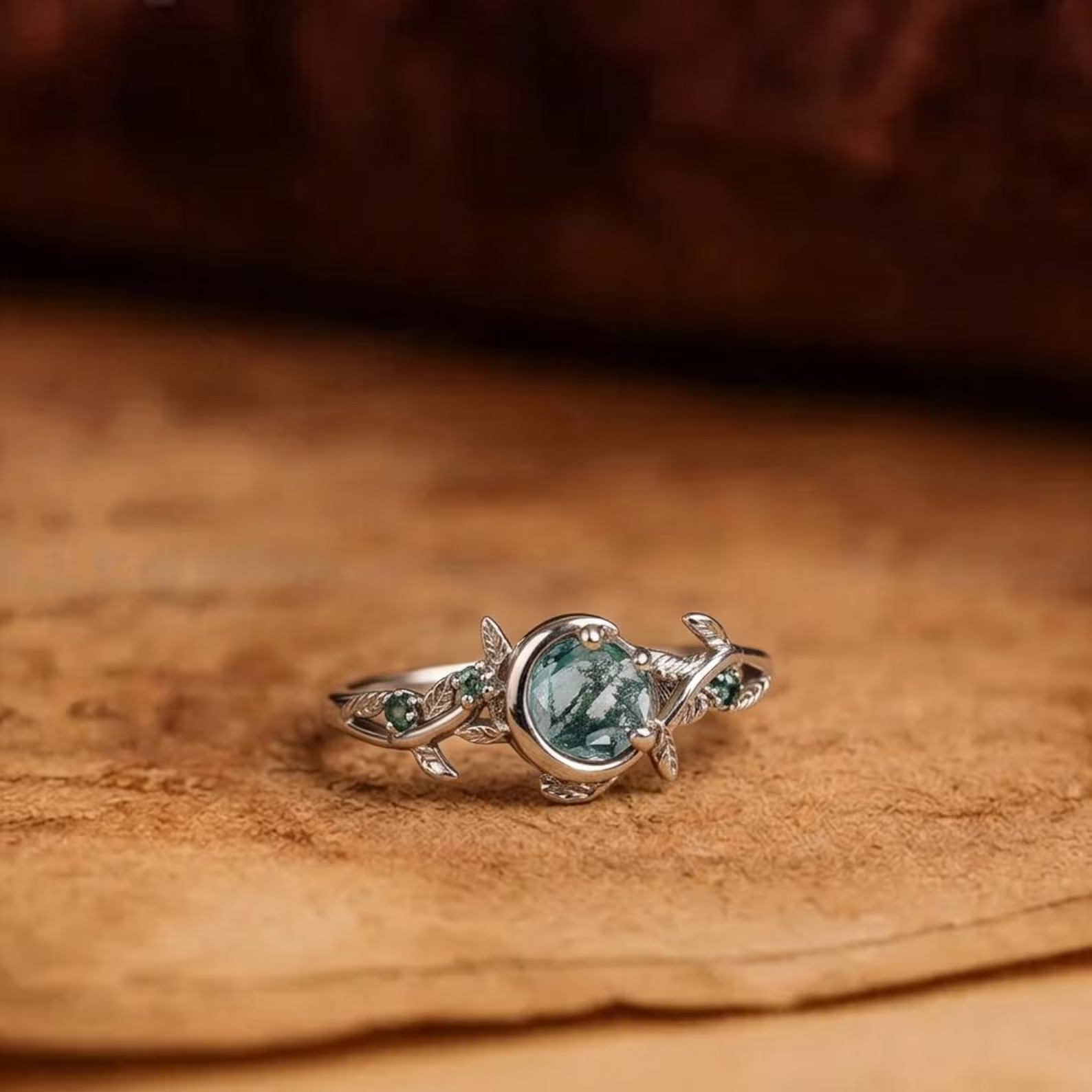 Moss Agate Gold Ring • Round Moss Agate Ring • Leaf Vine Nature Design • Handmade Green Stone Ring • Round Emerald Ring