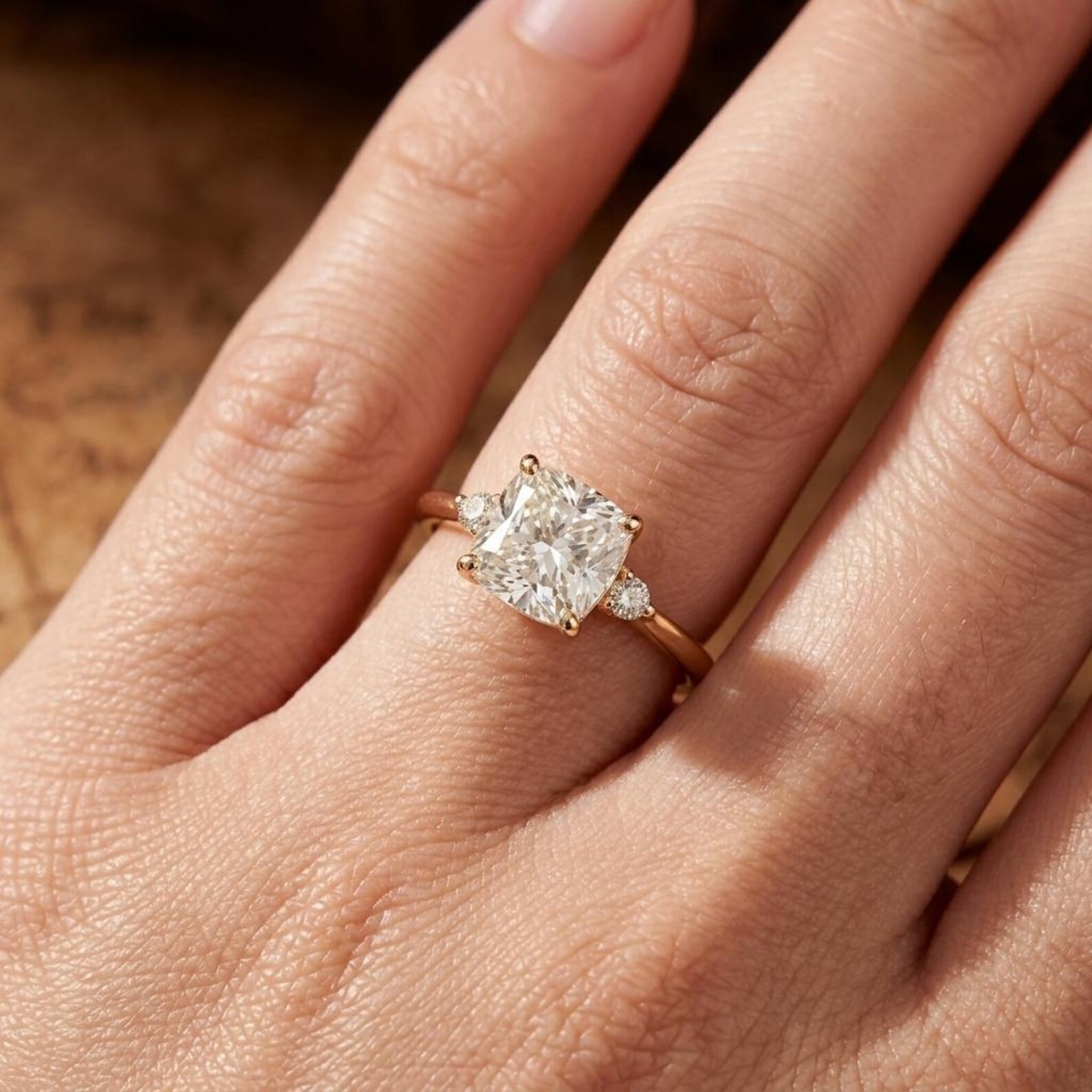 14K Solid Gold Solitaire Cushion Cut Moissanite Engagement Ring, Vintage Diamond Cluster Wedding Proposal Ring, Anniversary Gift for Wife