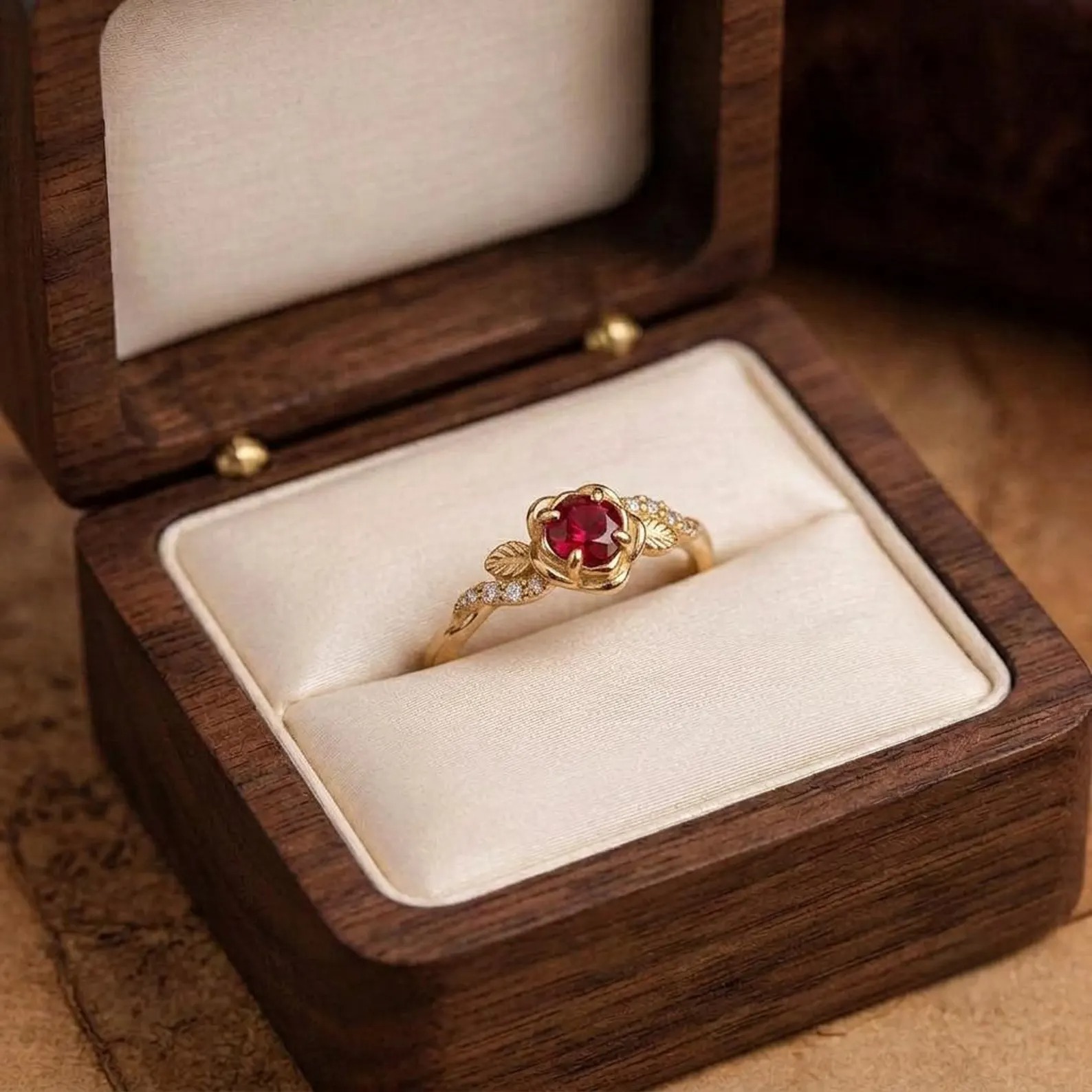 Flower Ruby Engagement Ring, Floral Twist Promise Ring for Women, Nature Inspired Leaf Wedding Ring, July Birthstone