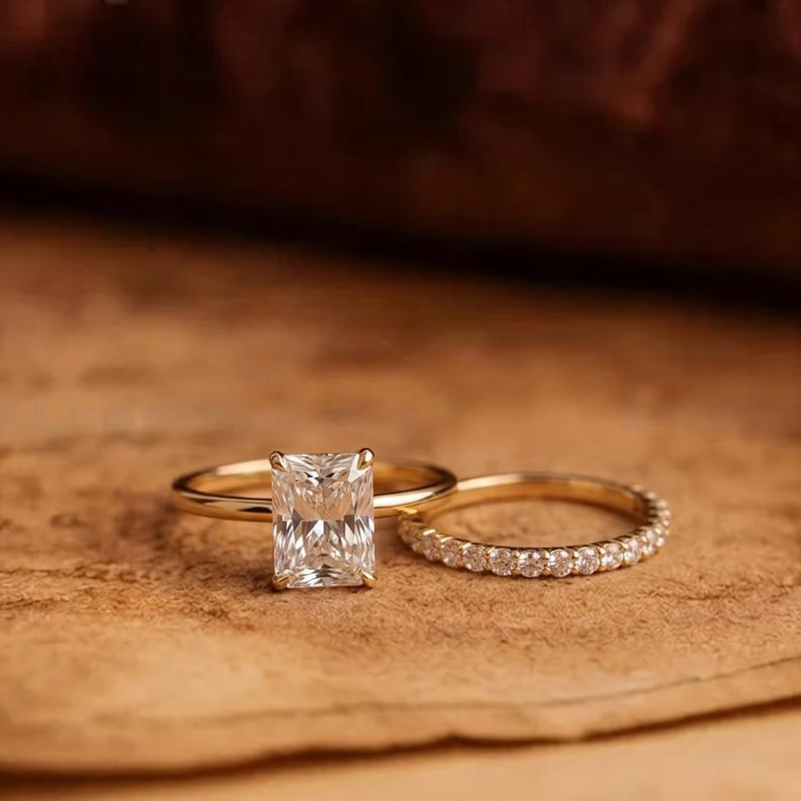 Hidden halo.Gold over Sterling Silver 925 Bridal Set with 3CT Radiant Cut CZ engagement ring with hidden halo and half eternity band.