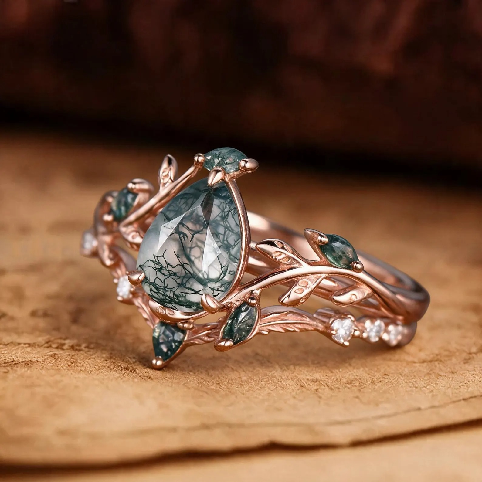 Vintage pear cut green moss agate engagement ring rose gold art deco cluster leaf nature inspired bridal promise wedding ring set women