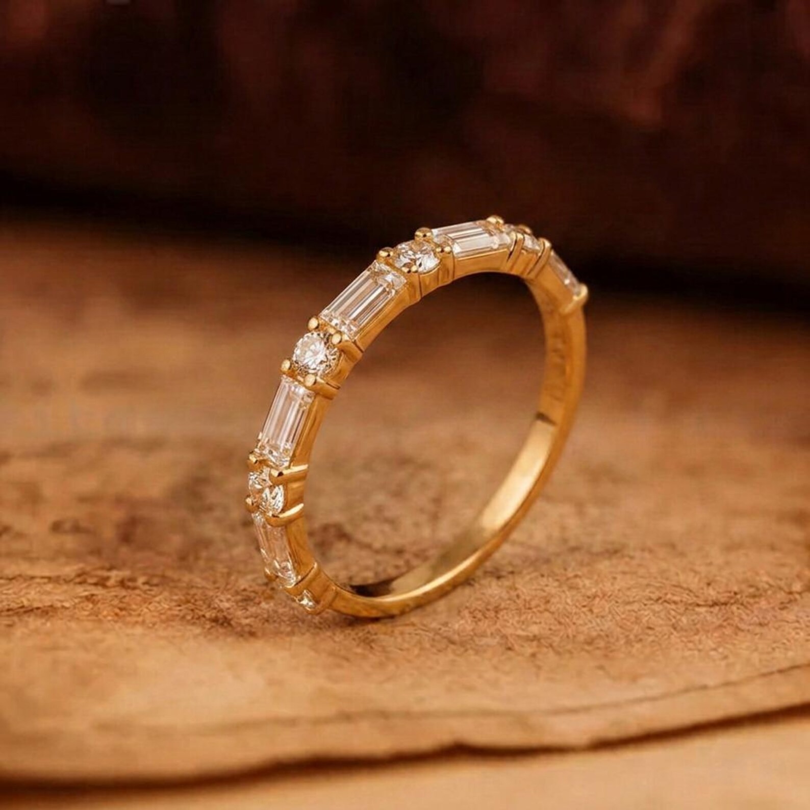 Dainty Moissanite Baguette Ring, Gold Stacking Wedding Band for Her, Thin Bridal Anniversary Ring, Elegant Minimal Promise Jewelry