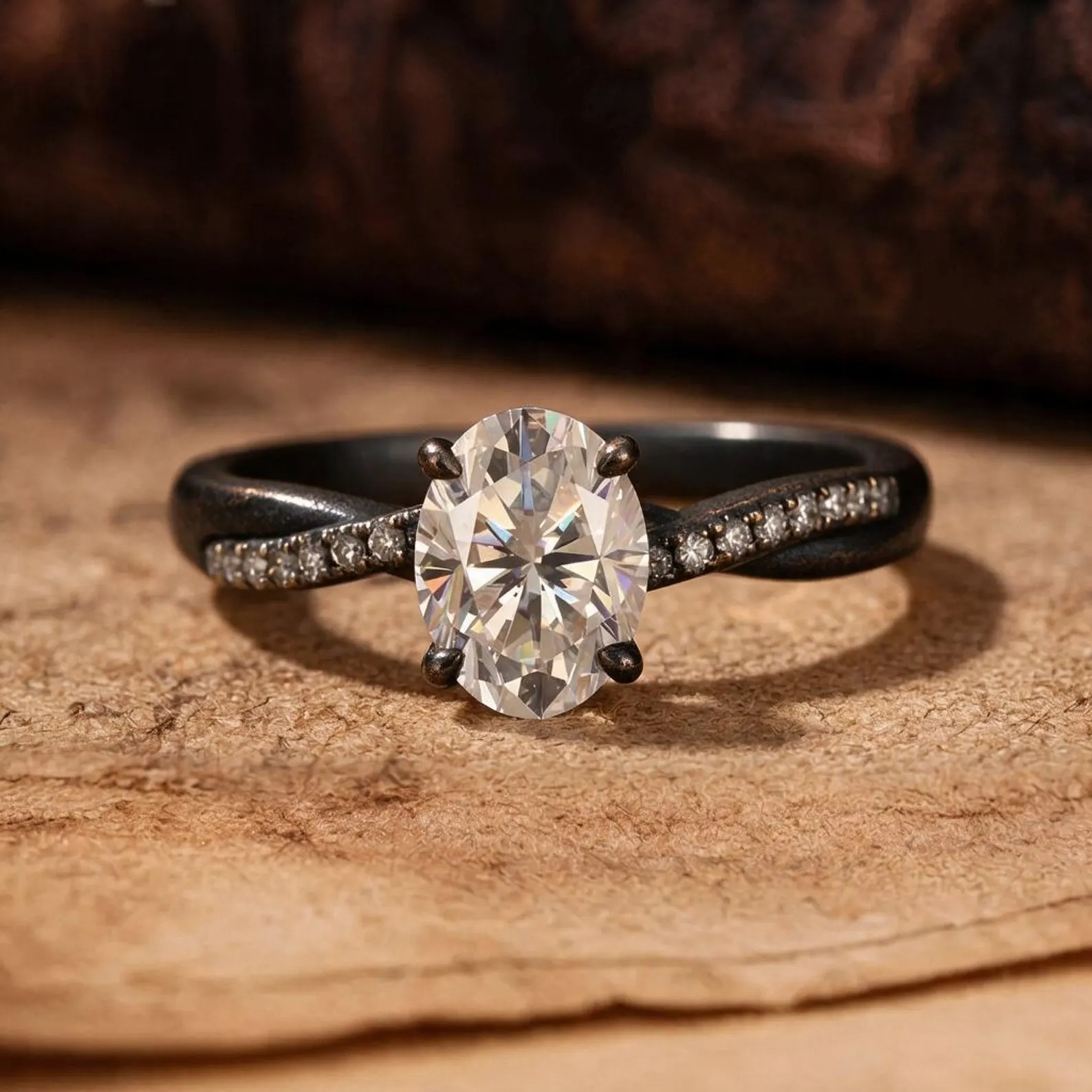 Oval Moissanite Engagement Ring, Infinity Twist Band, Round Accent Stones, Dainty Bridal Ring, Minimalist Proposal Ring, Diamond Alternative