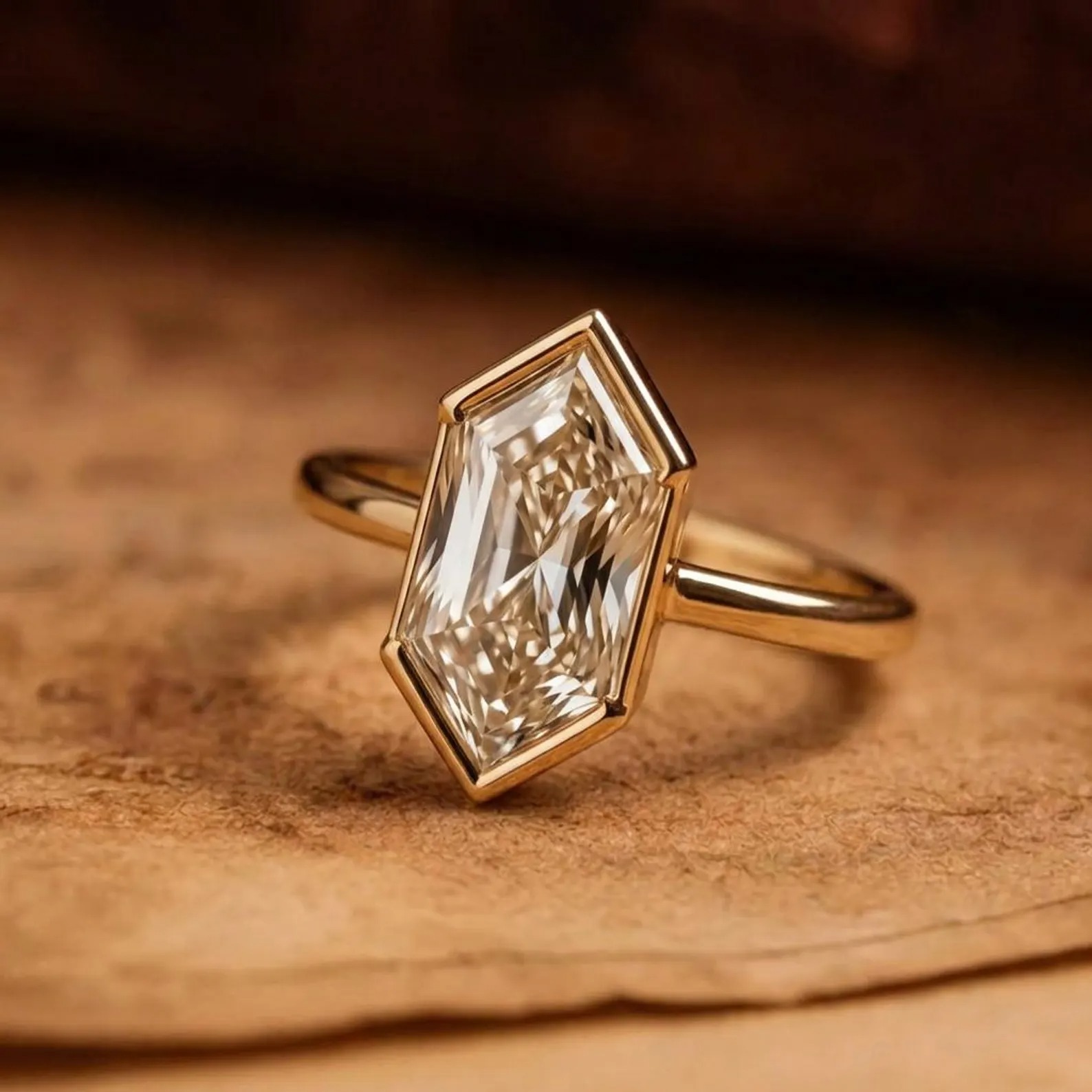 Elongated Hexagon Moissanite Solitaire Ring, Vintage Half Bezel Black Gold, Handmade Anniversary Gift