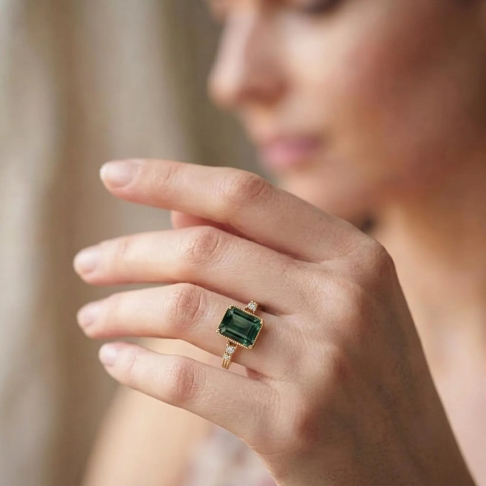Vintage Green Amethyst Emerald Cut Ring Women 14K Solid Yellow Gold Engagement Ring Unique Prong Set Ring February Birthstone Gift for Wife