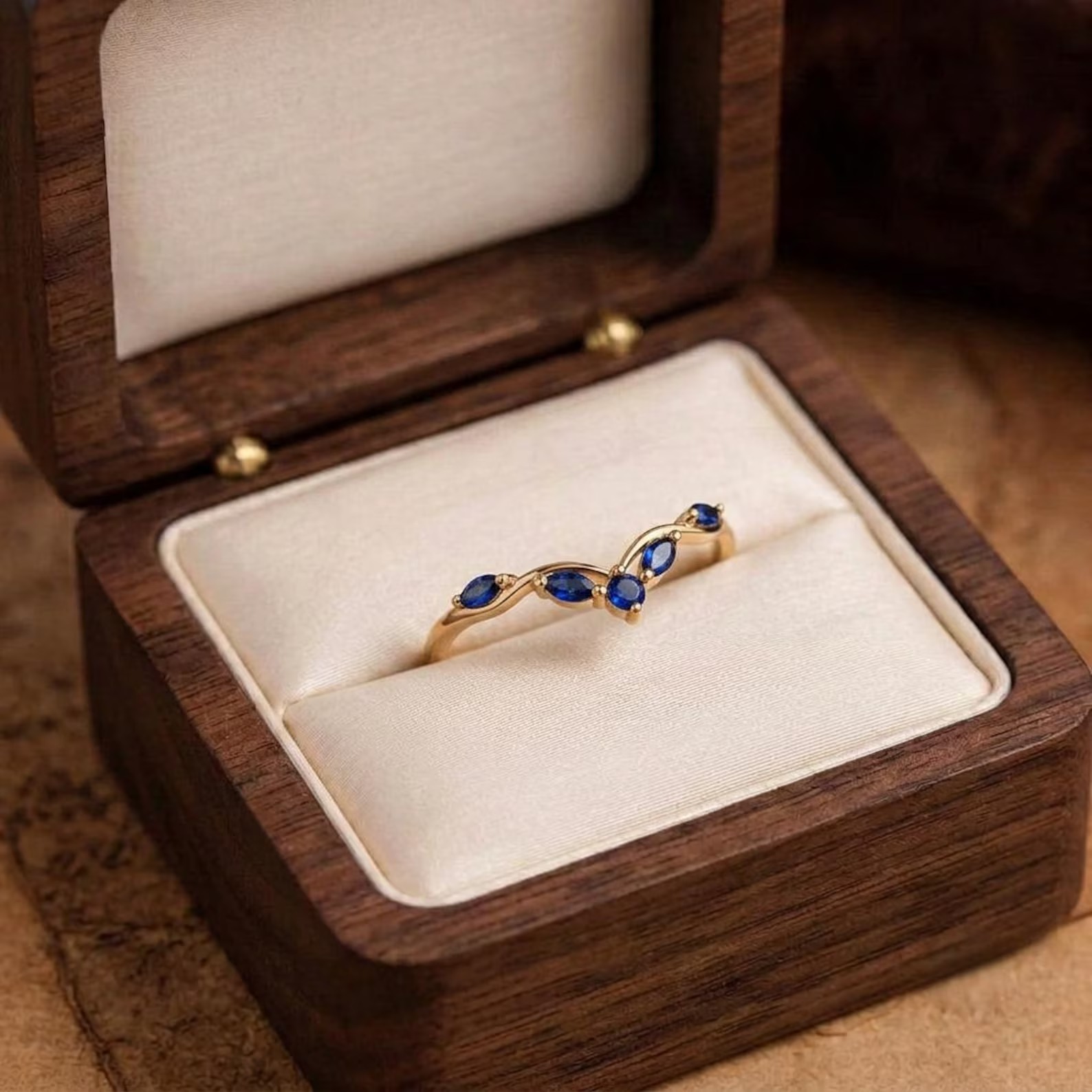 Blue Sapphire Curved Wedding Band, Marquise Sapphire Ring, Chevron Stacking Ring, Minimalist Gold Promise Ring for Women, Wedding Band