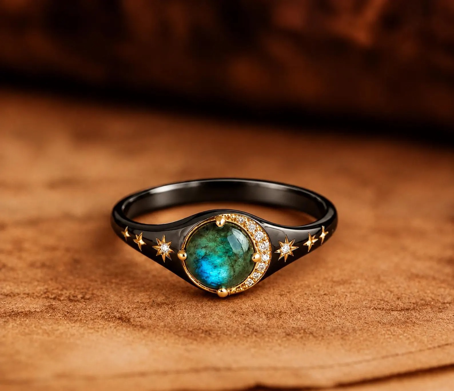 Vintage Natural Labradorite Diamond Summer jewelry, Moon Crescent Wedding Ring Diamond Moon And Star Ring Minimalist Summer Gift Anniversary