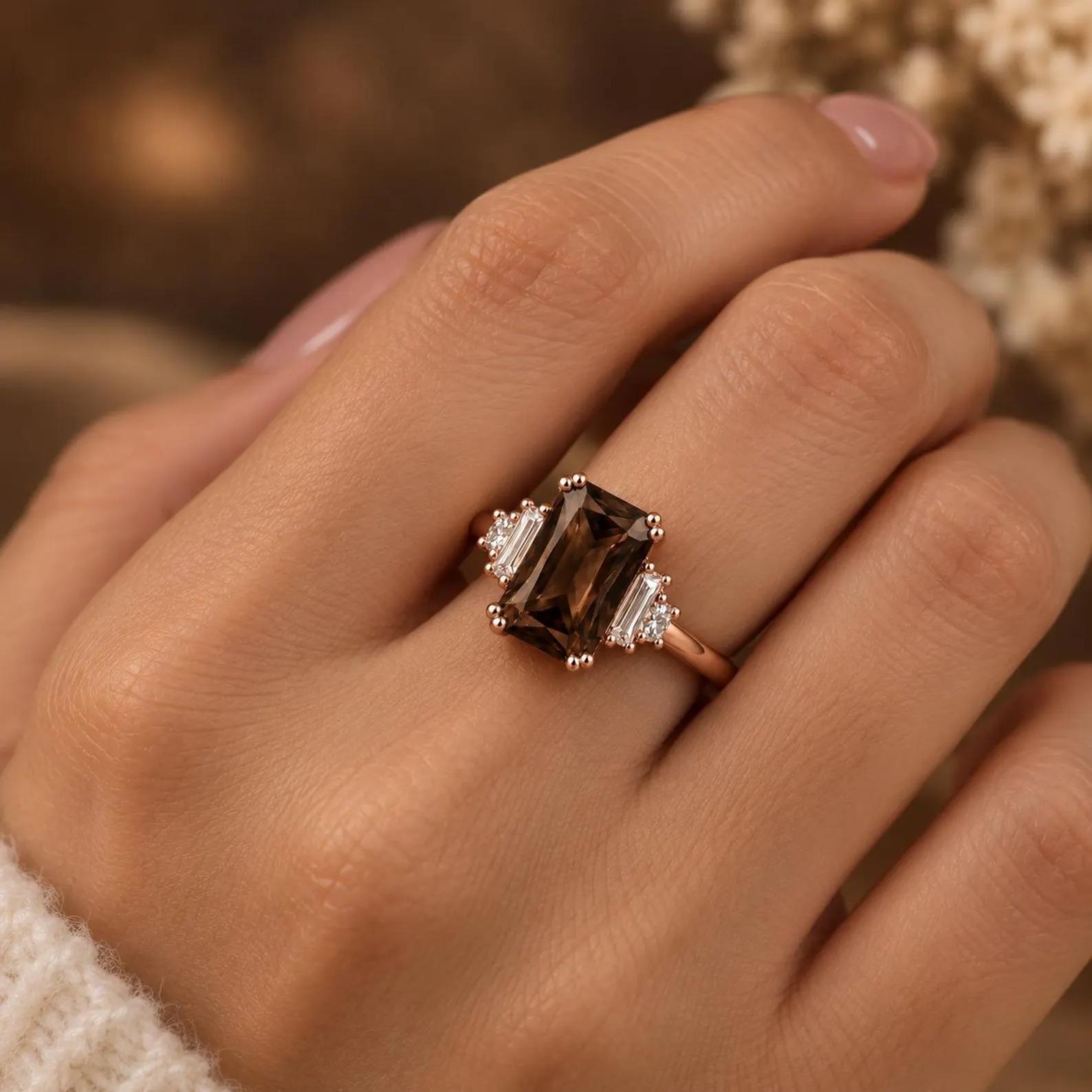 Radiant Smoky Quartz Ring, 14K Gold Five Stone Ring, Baguette Diamond Side Stones, Vintage Engagement Ring, Brown Gemstone Ring Gift for Her