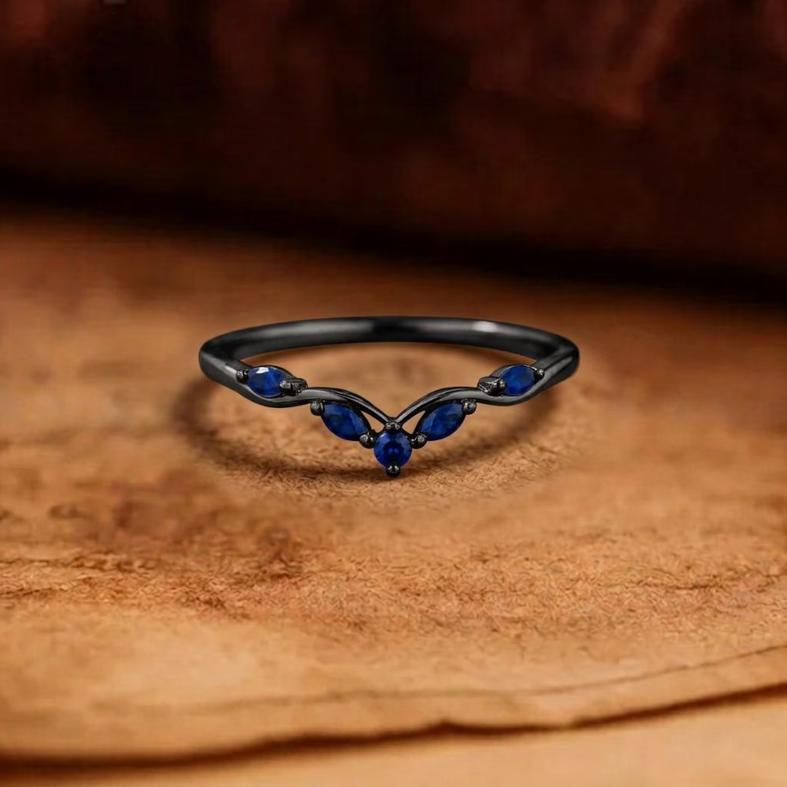 Blue Sapphire Curved Wedding Band, Marquise Sapphire Ring, Chevron Stacking Ring, Minimalist Gold Promise Ring for Women, Wedding Band